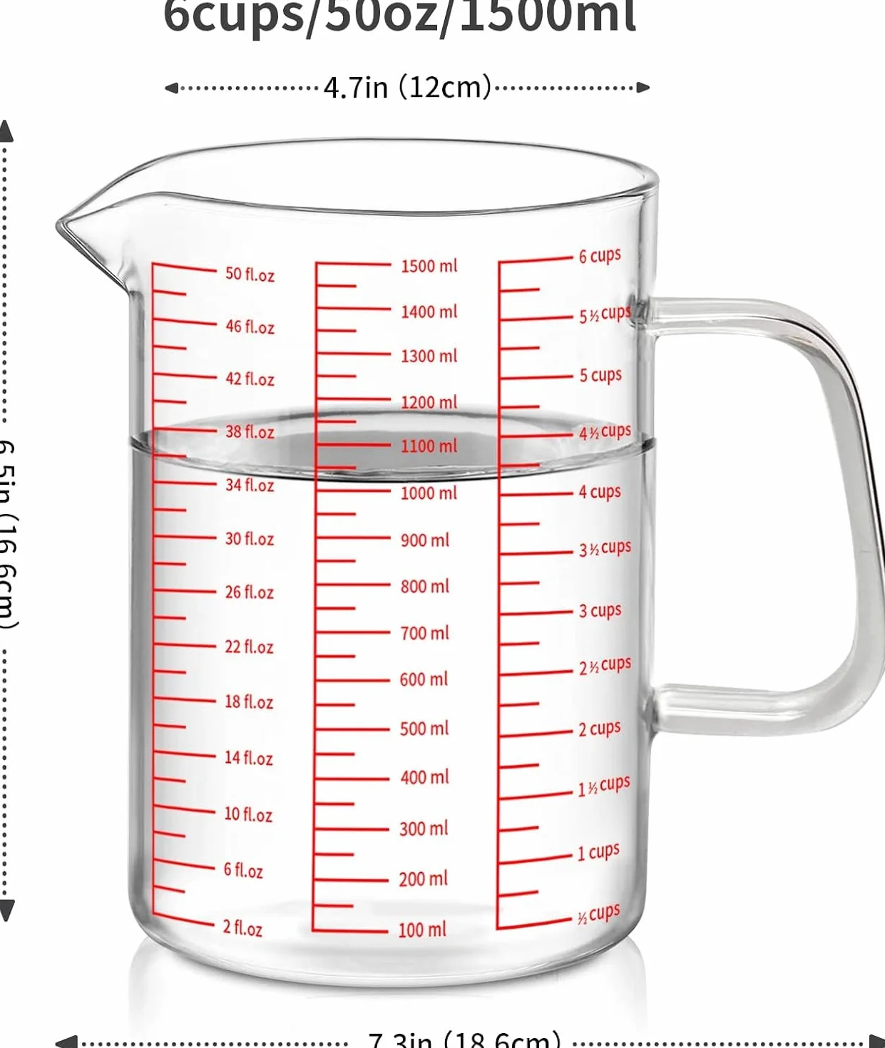 Szklana miarka kuchenna Luvan 1500 ml z borosilikatowego szkła 3 skale pomiaru
