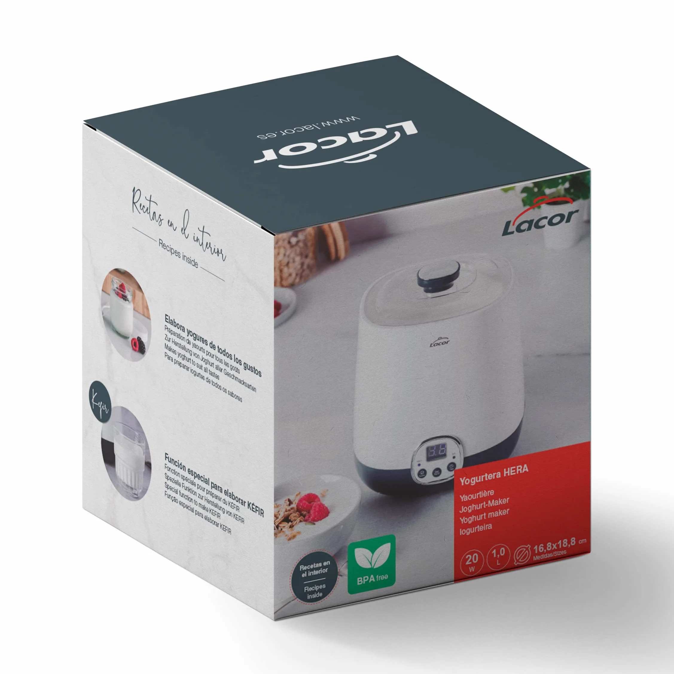 Lacor - 69345 - HerA Supersillenciosa producent jogurtów, idealny do produkcji kefiru i jogurtu greckiego, zawiera timer 48 godzin, ekran LED, pojemność: 1 l, Ø 16,8 x 18,8 cm, biały