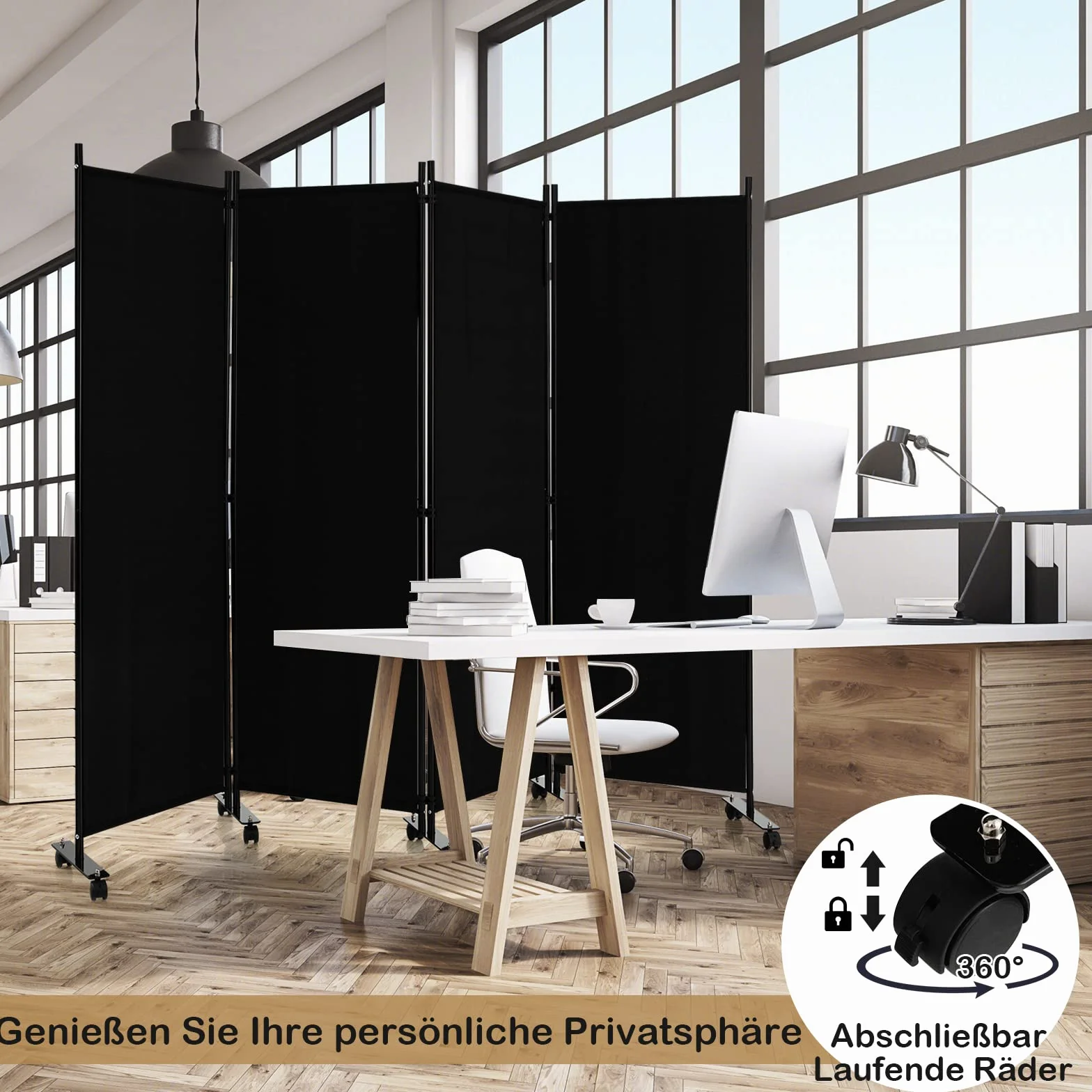 GOPLUS 4-częściowa składana ścianka działowa 225 x 173 cm metalowa rama parawan z rolkami czarny