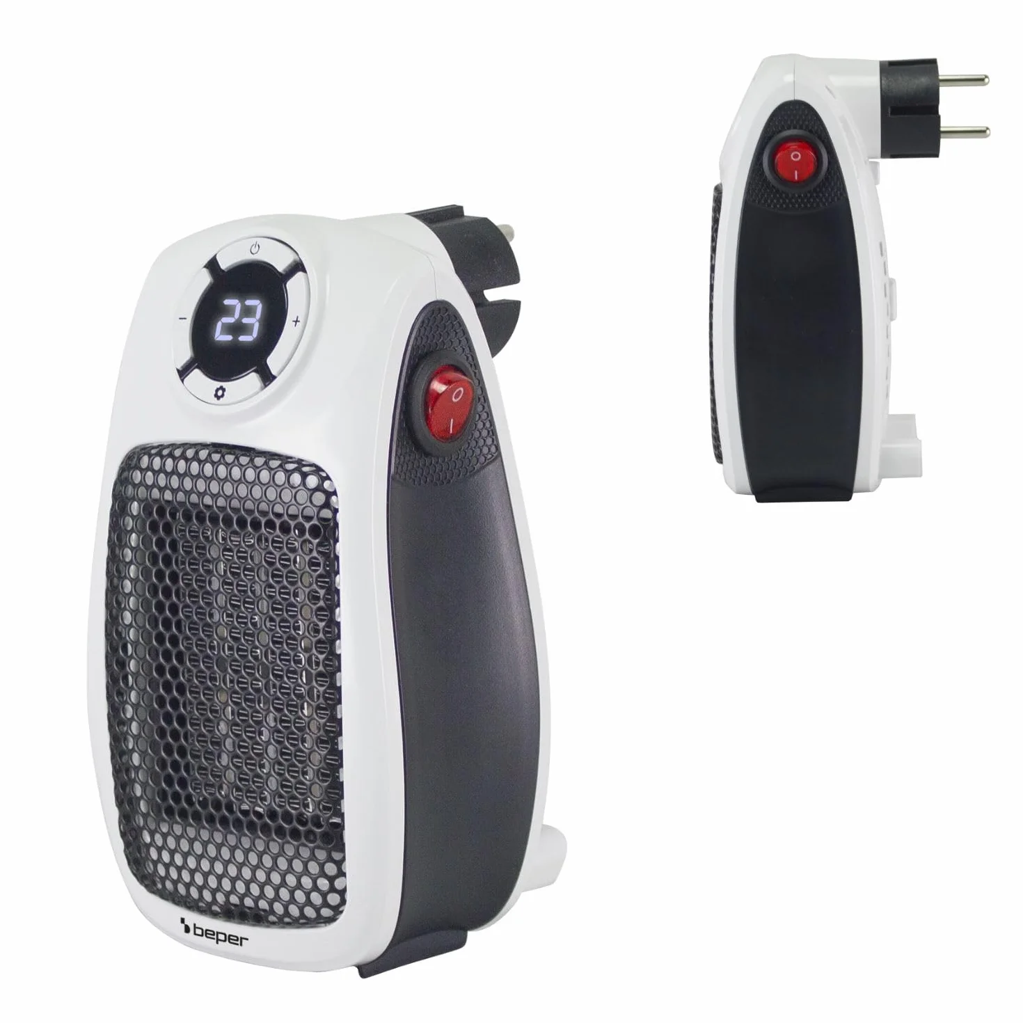 BEPER P203TER350 Mini ceramiczny termowentylator, kompaktowy mini grzejnik elektryczny 500 W/1000 W, wyświetlacz LED, 24-godzinny timer, termostat, obrotowa wtyczka 90