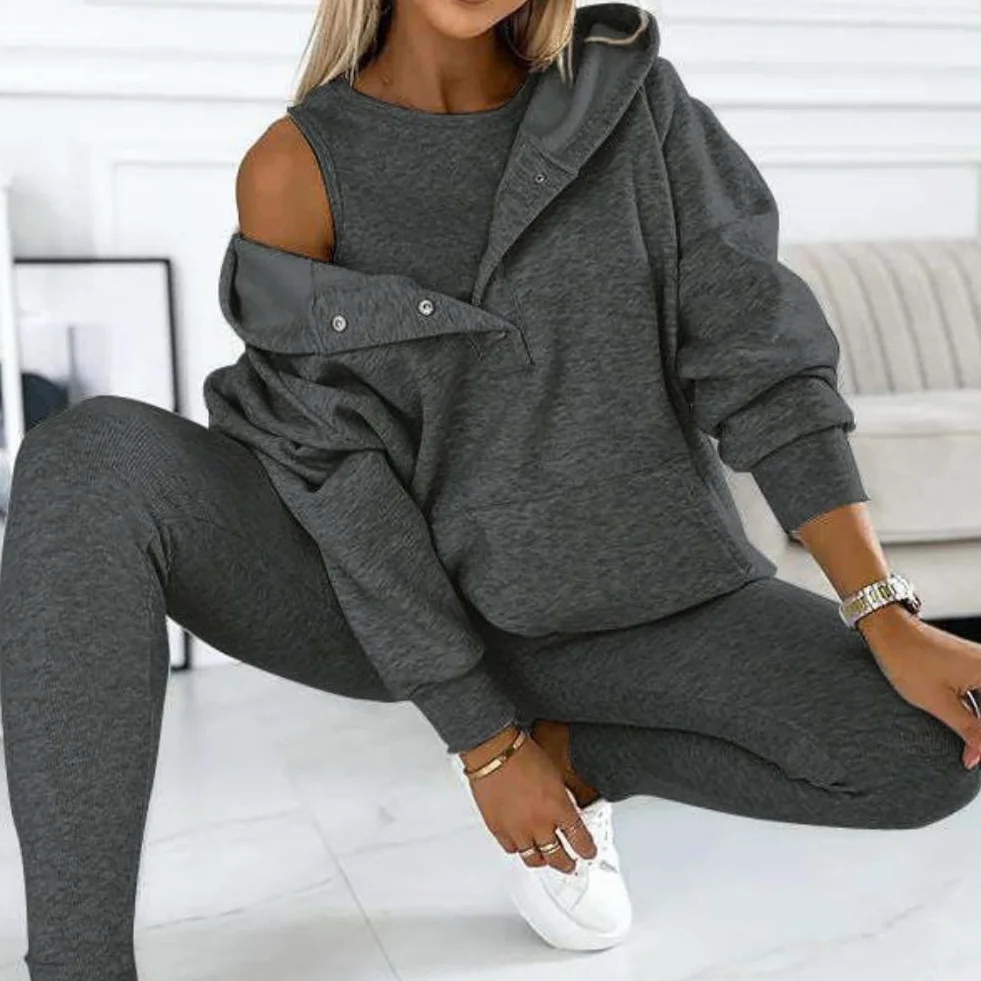 Calmlily 3-częściowy zestaw z kapturem dla kobiet, solidna bluza z kapturem oversize na guziki, 3-częściowe zestawy bluzy z kapturem oversize dla kobiet, zestawy treningowe