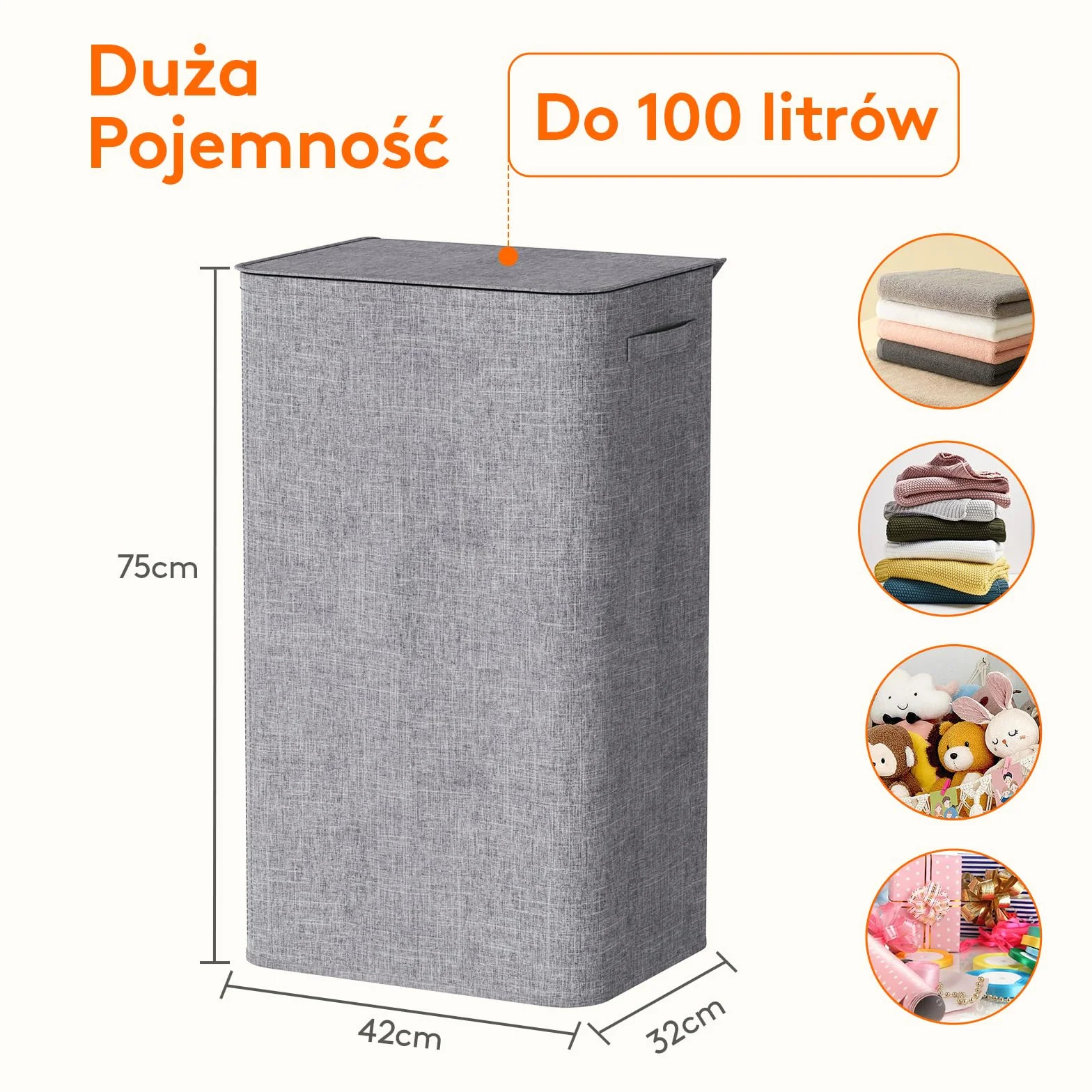 Lifewit 100 l Kosz na pranie składany z pokrywką i 2 torbami Szary