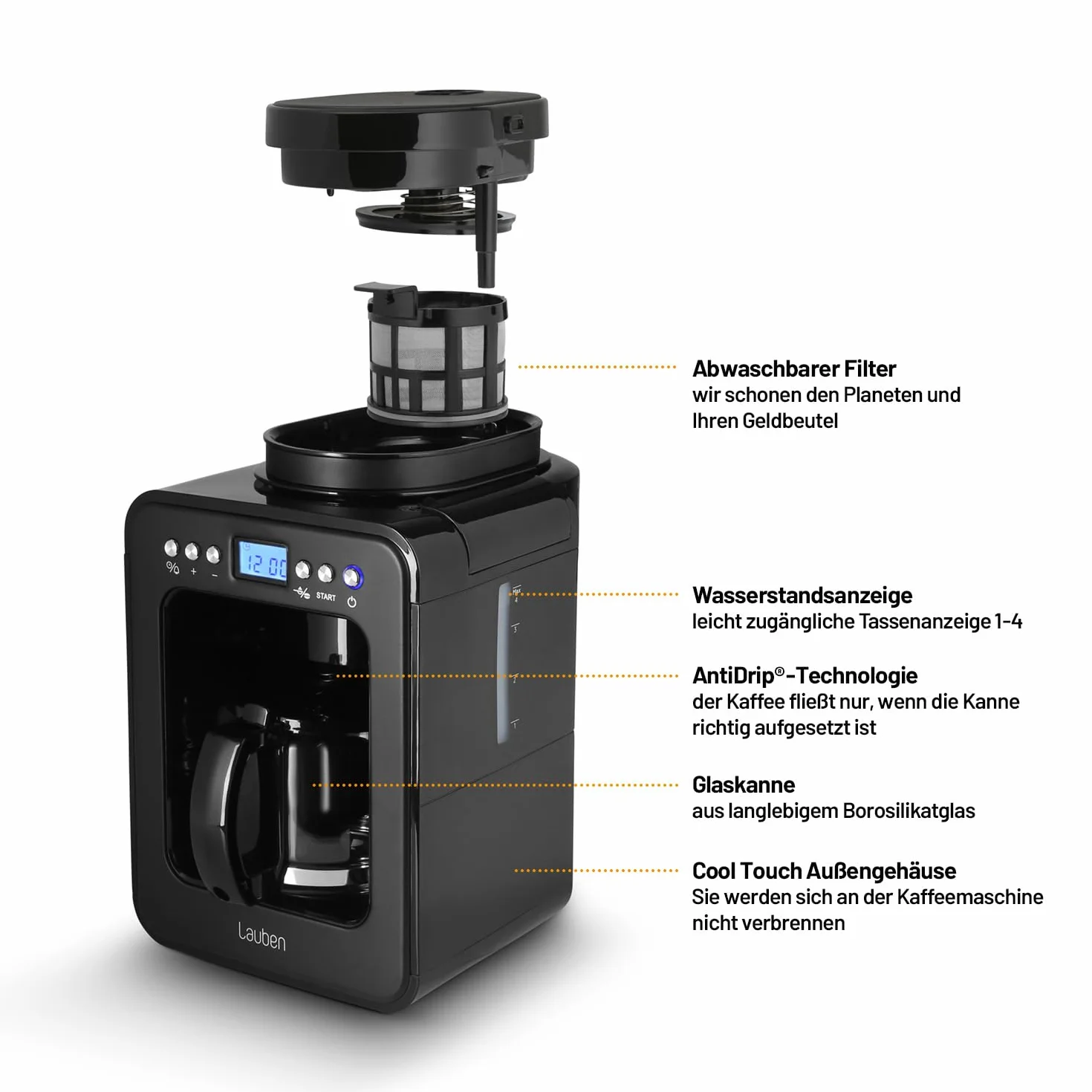 Lauben Grind&Drip Coffee Maker 600BB mały ekspres do kawy z wbudowanym młynkiem 0,56 l