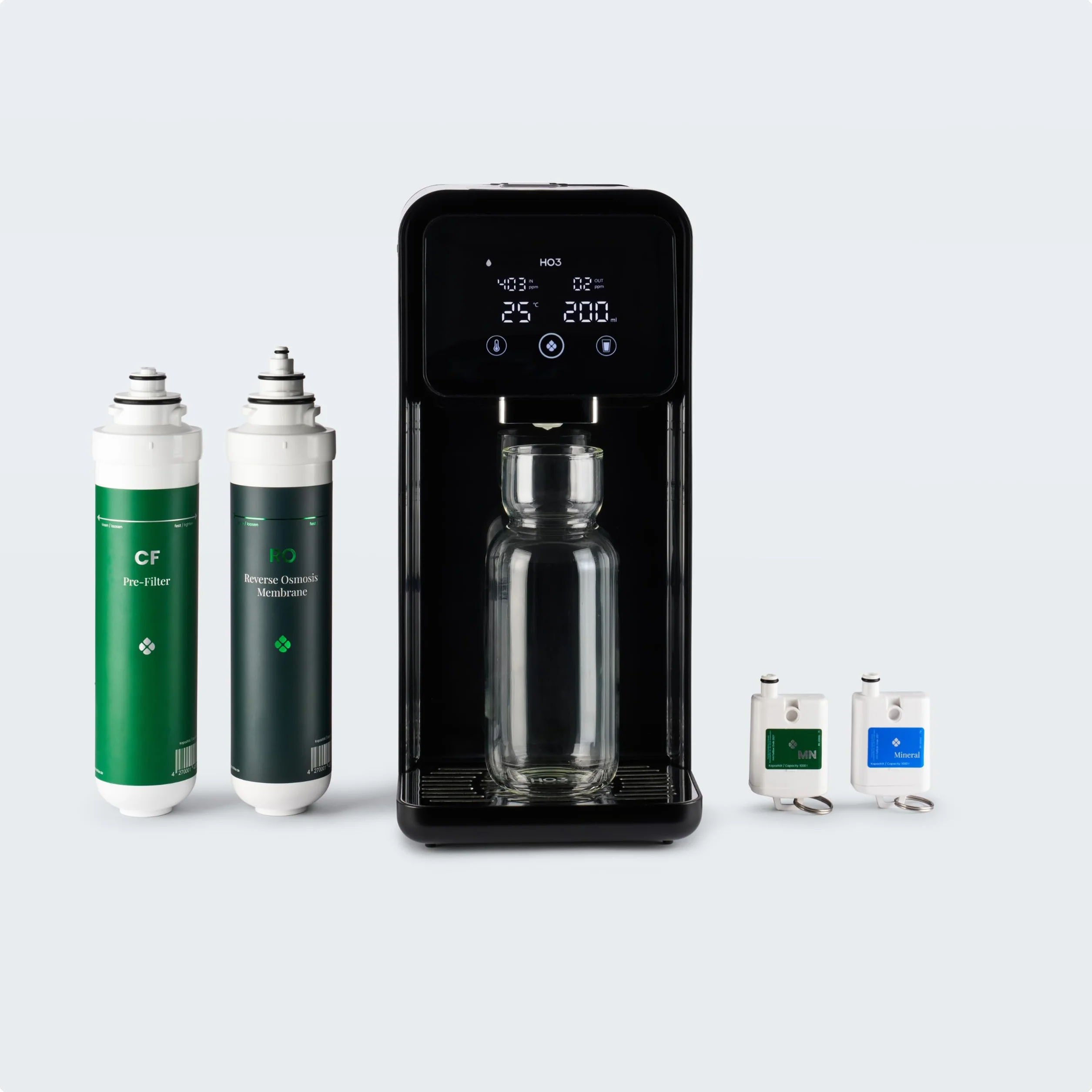 HO3® Home One Osmoza do wody pitnej z 4 poziomami temperatury (RT, 50, 85, 95°C), 5 poziomów emisji wody, z technologią filtrowania w czasie rzeczywistym TDS, MicroShield, filtr wody (czarny)