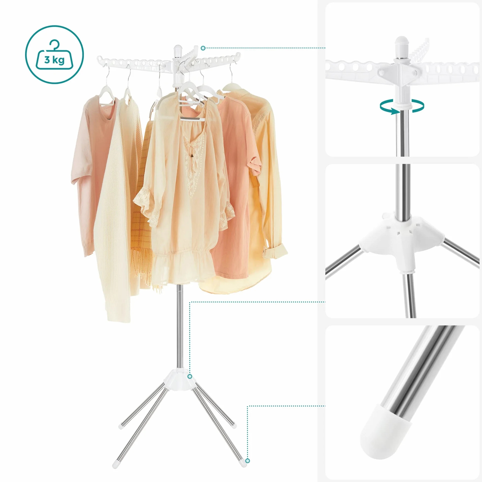 SONGMICS suszarka do ubrań stojąca 3 obrotowe ramiona 150 cm biało-srebrny LLR510W01