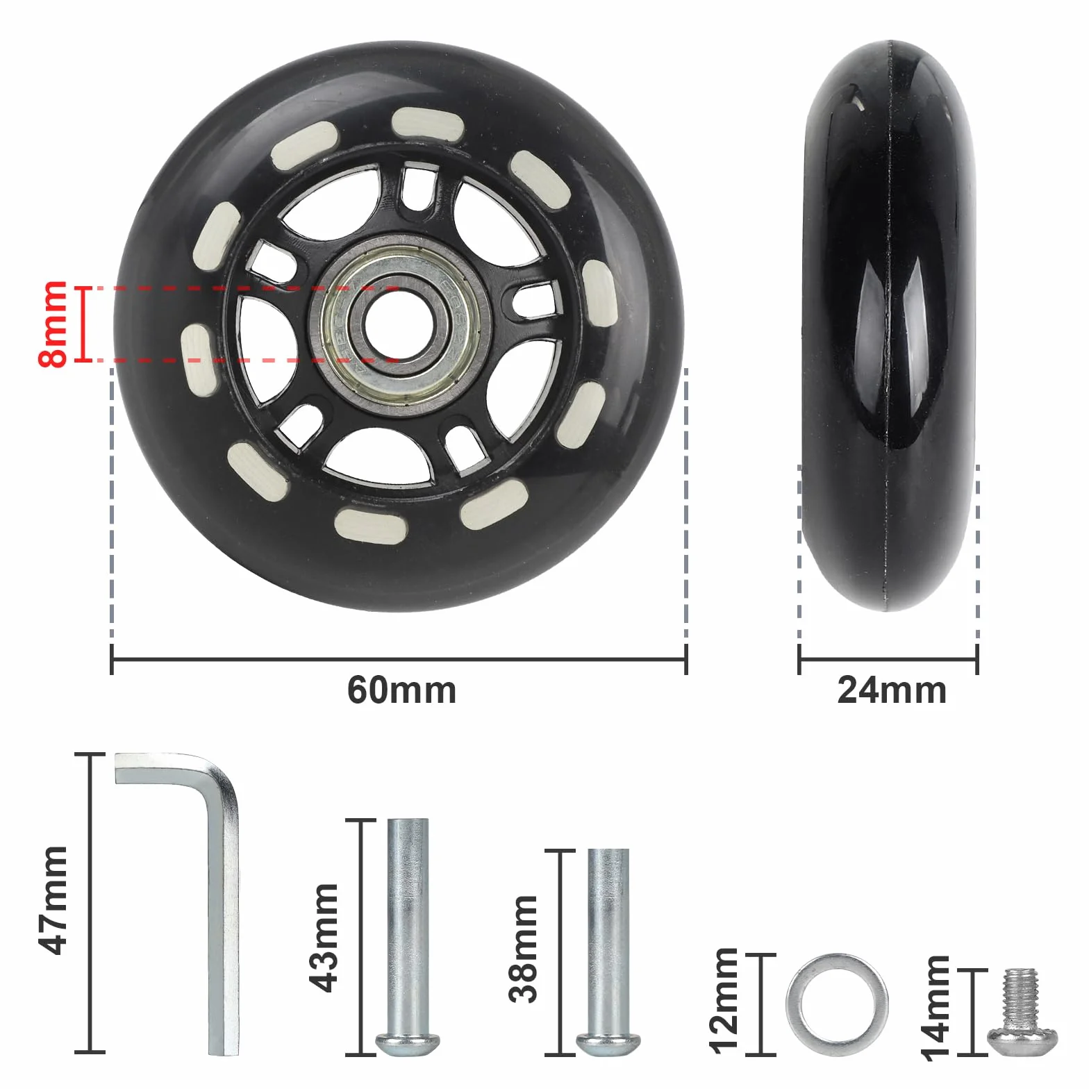 CPROSP 2X Koła do walizek 60 mm*24 mm, Uniwersalne Koła do Wózków Podróżnych, Zamienne Koła do Walizek, Zamienne Koła do Wózków i Bagażu, Łatwa Instalacja