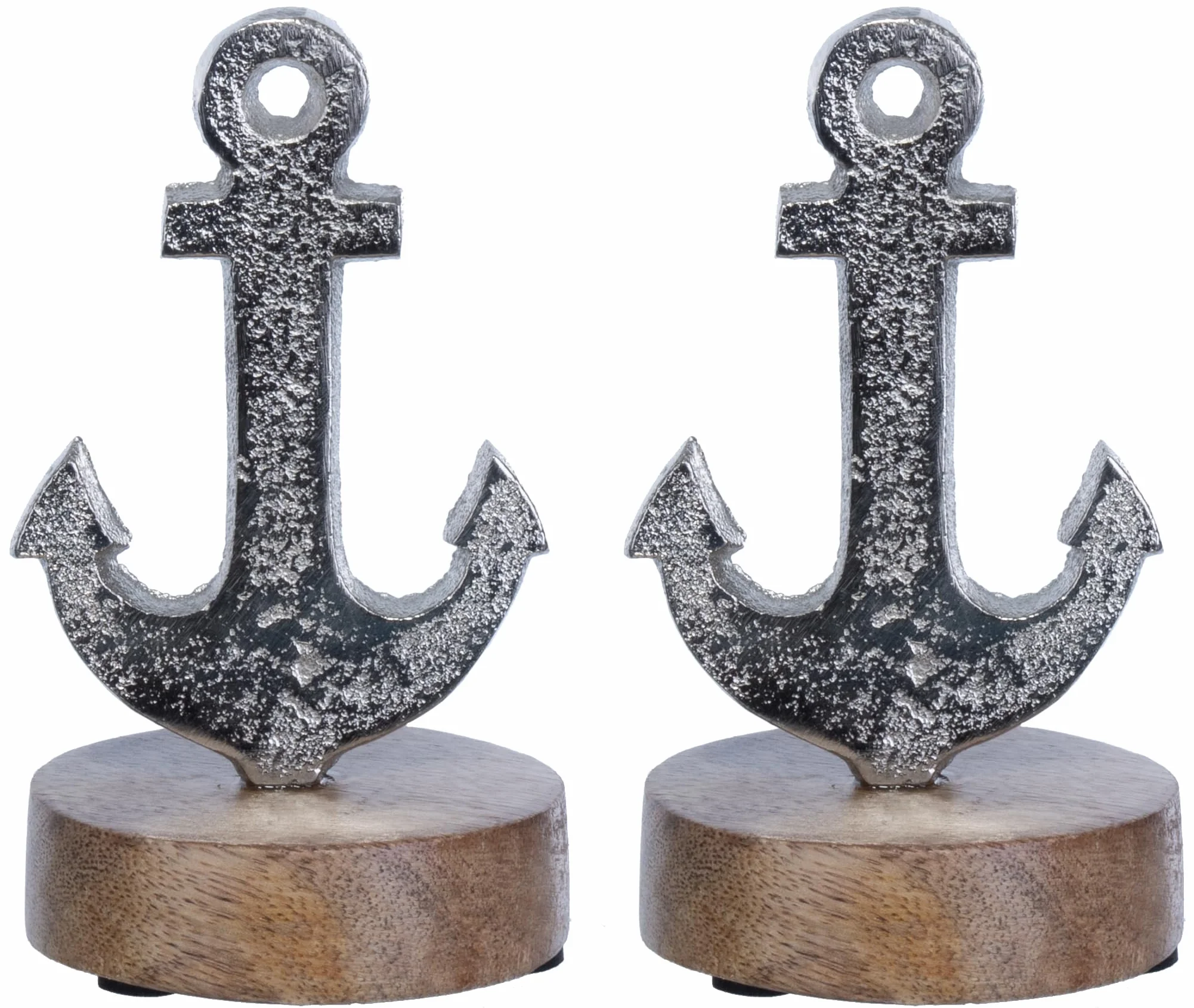 Dekoracyjny zestaw 2 szt. Mini kotwica na nóżce 12 x 7 x 6,5 cm na cokole z drewna mango/aluminium