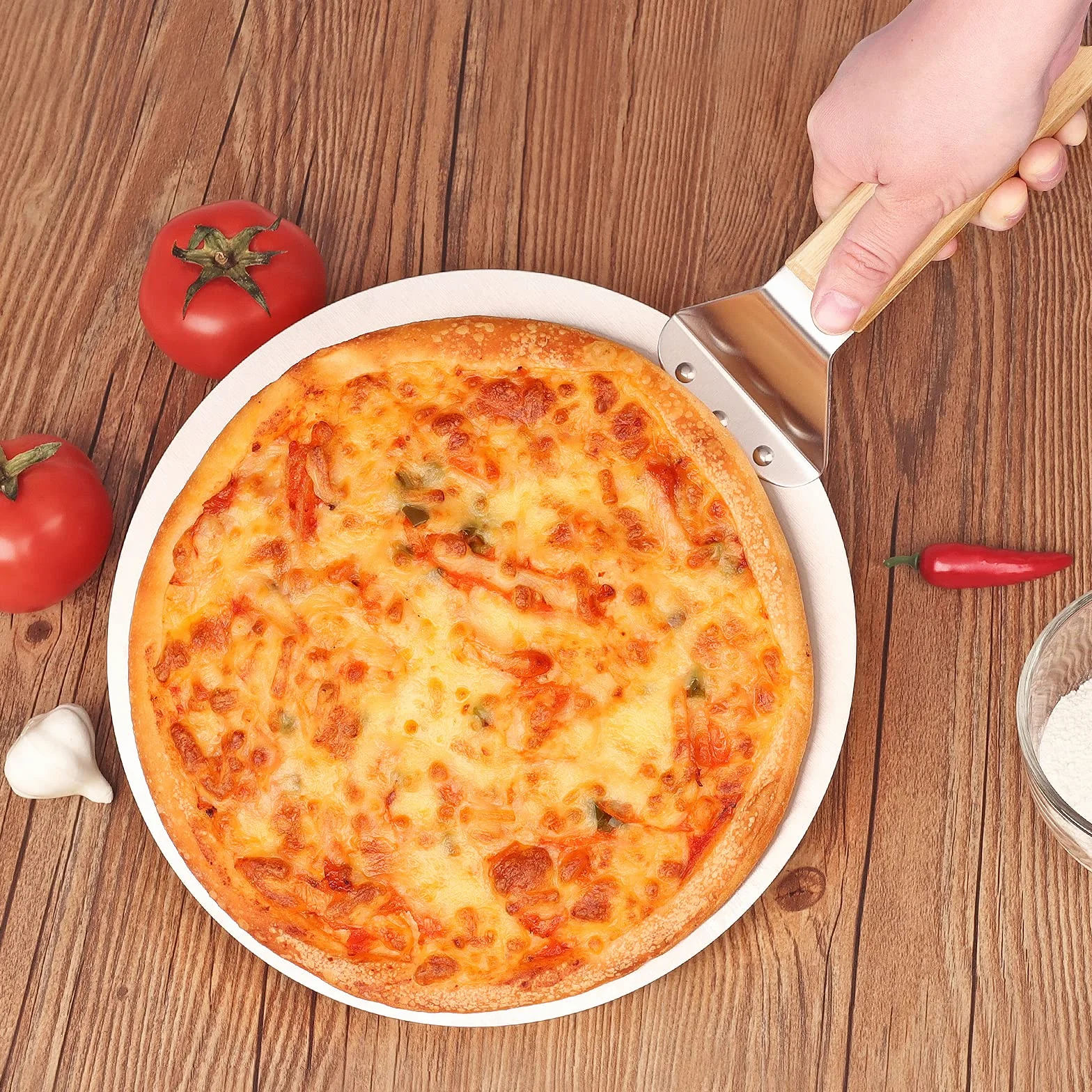 Asdirne Łopata do Pizzy 10 cali, okrągła paleta ze stali nierdzewnej z drewnianym uchwytem