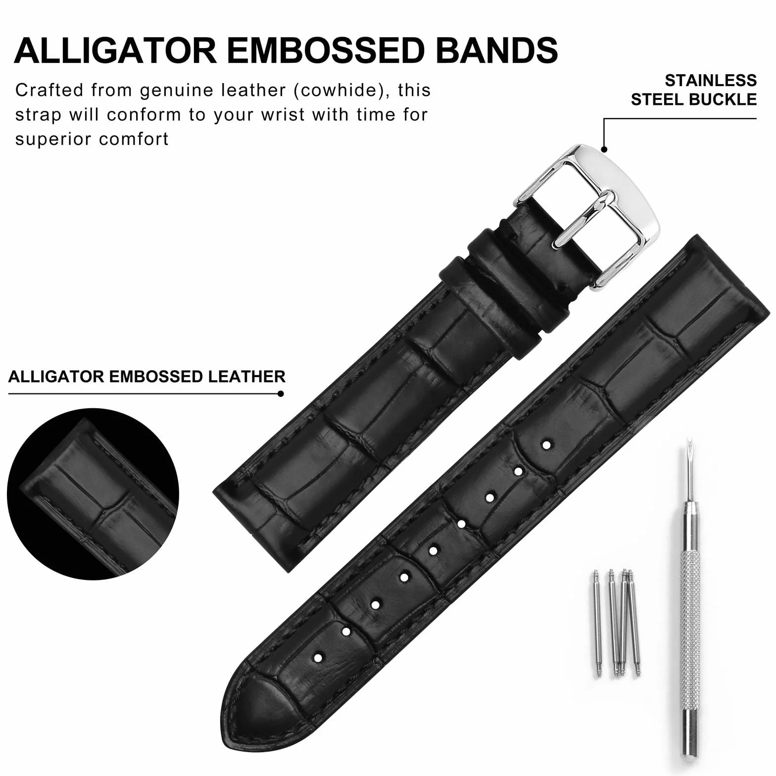 BISONSTRAP Pasek do zegarka, paski z wytłaczanej skóry aligatora, szerokość paska: 18 mm 20 mm 22 mm 24 mm