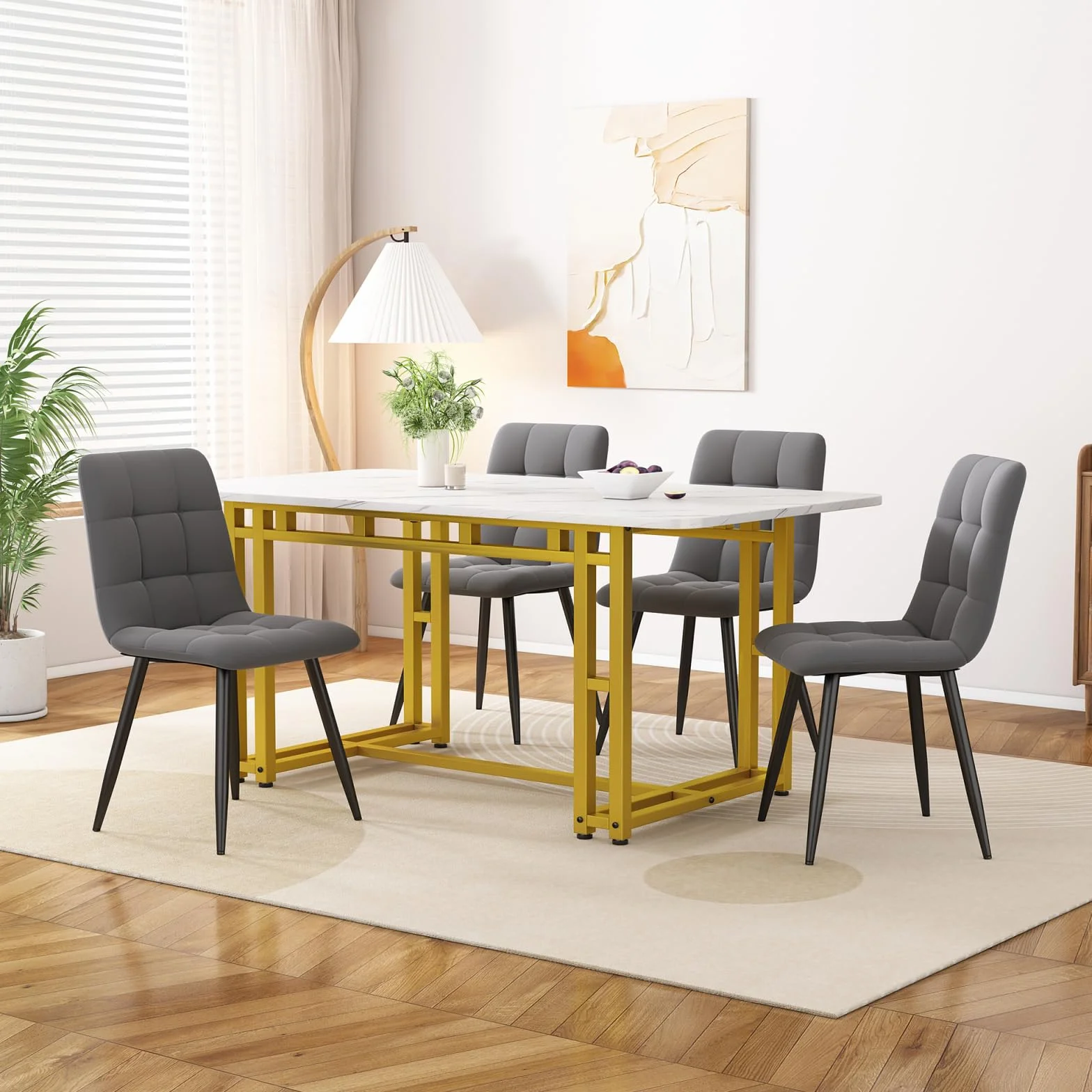 BRILVERDE 120 x 70 cm, złoty stół do jadalni z 4 krzesłami, nowoczesny zestaw kuchenny, ciemnozielony aksamit krzesła do jadalni, złoty, żelazny stolik pod nogi (złoty + ciemnoszary)
