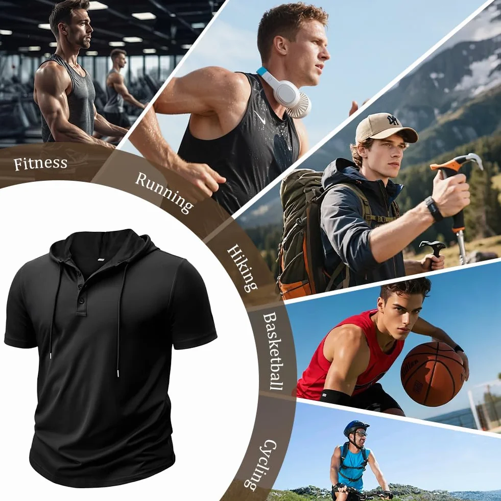 Męska bluza z kapturem z krótkim rękawem, sportowa bluza z kapturem z krótkim rękawem, oddychająca bluza z kapturem, koszula letnia, sportowa podkoszule, bluza z kapturem, na trening, siłownię