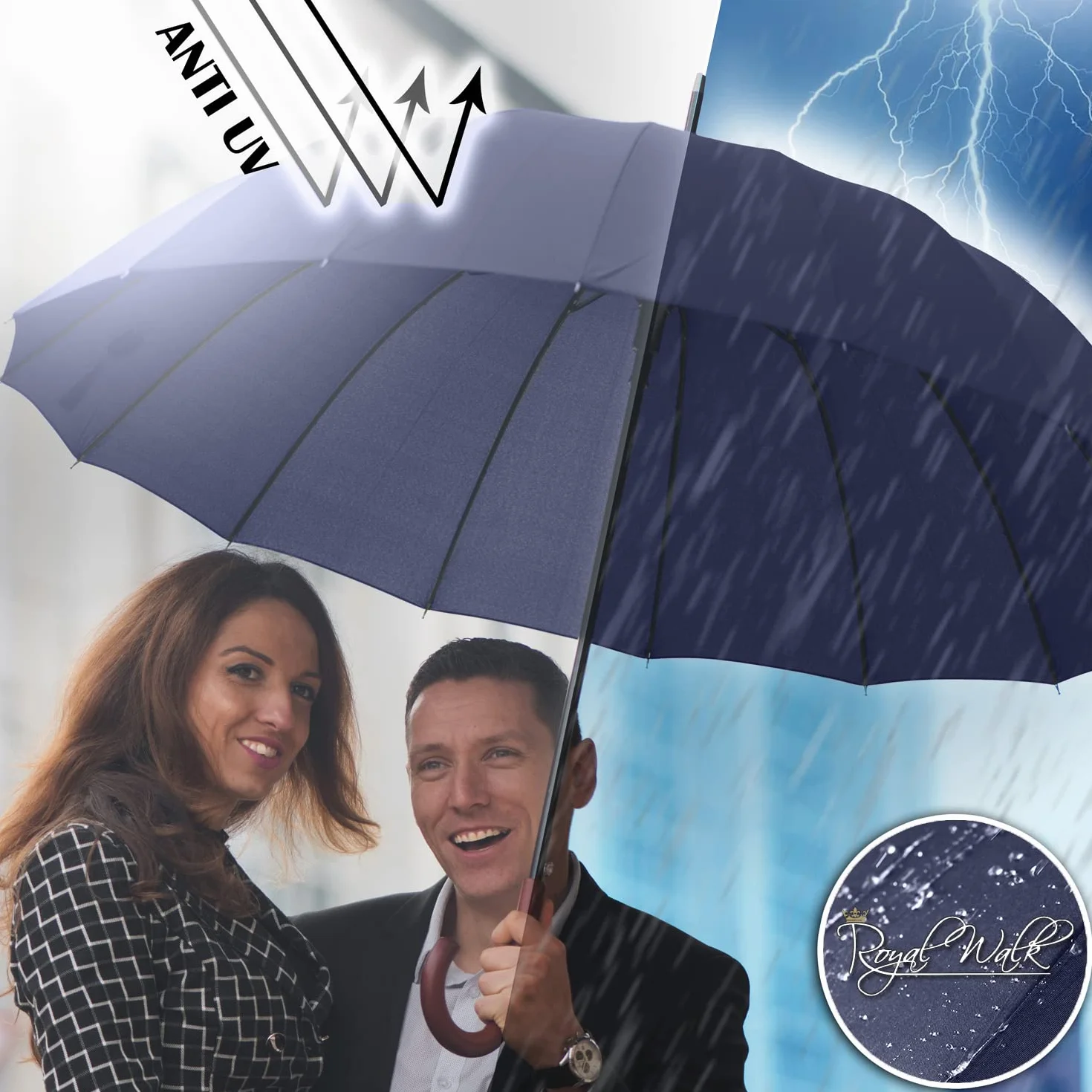 Royal Walk Wiatroszczelny parasol czarny duży 137 cm automatyczne otwieranie dla 2 osób odporny na burzę dla mężczyzn kobiet klasyczny drewniany uchwyt lekki wodoodporny trwały mocne 16 żeber podróż