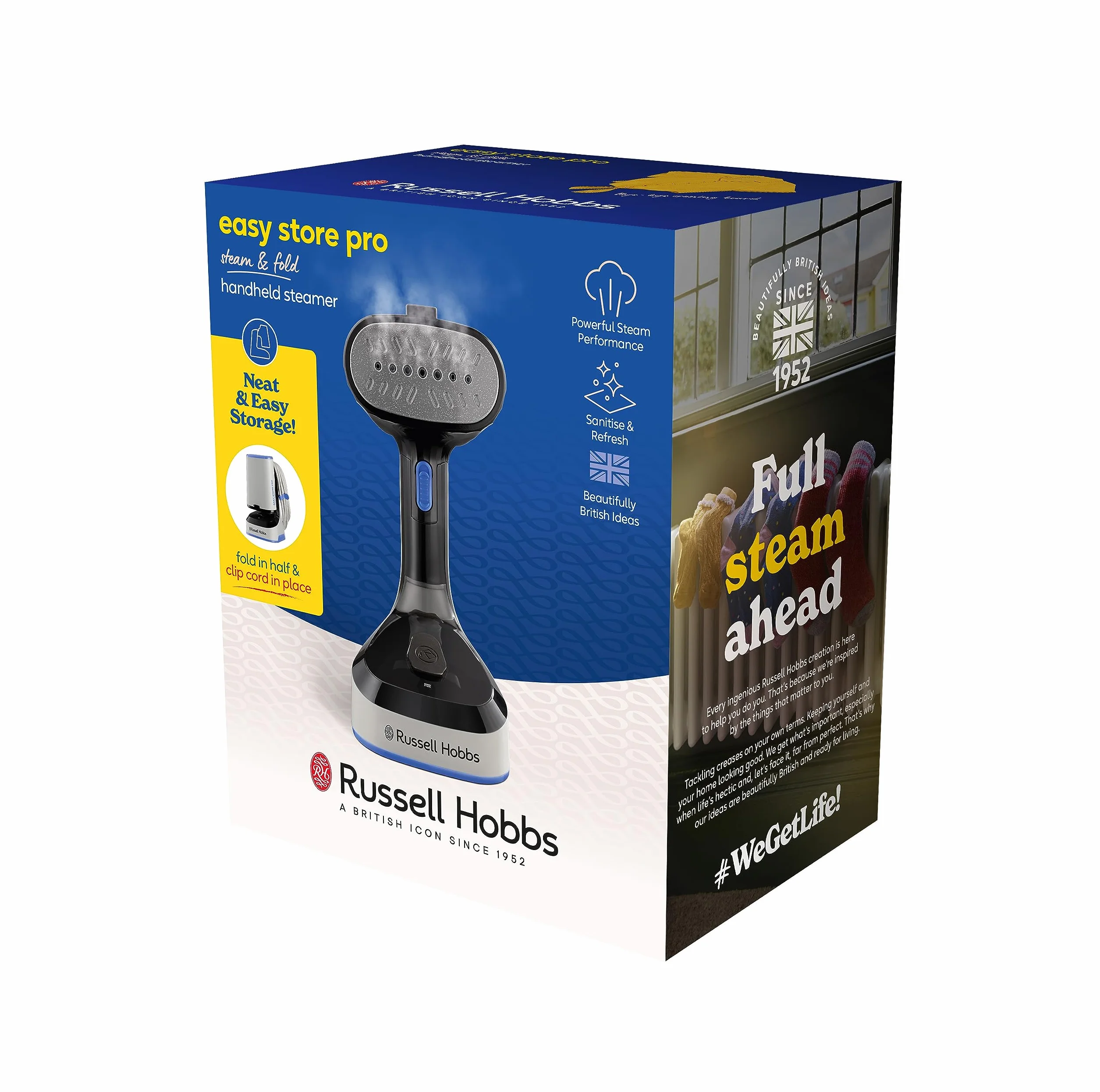 Russell Hobbs parownica do ubrań, mocna 1500W, składana i antybakteryjna, Steam Genie Easy Store, dezynfekuje, szybko się nagrzewa, zbiornik 150ml, dysza do tkanin, idealna w podróży, 26740-56