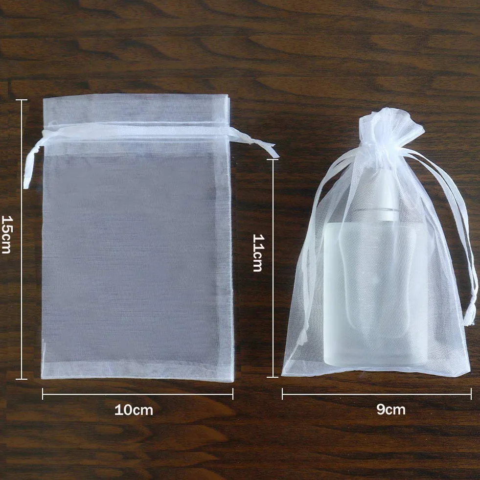 Leeyunbee 100 szt. Białe woreczki z organzy 10 x 15 cm woreczki z organzy, woreczki, na prezent, biżuteria, ślubne torebki na cukierki, na imprezę festiwalową i wesele, satynowy sznurek