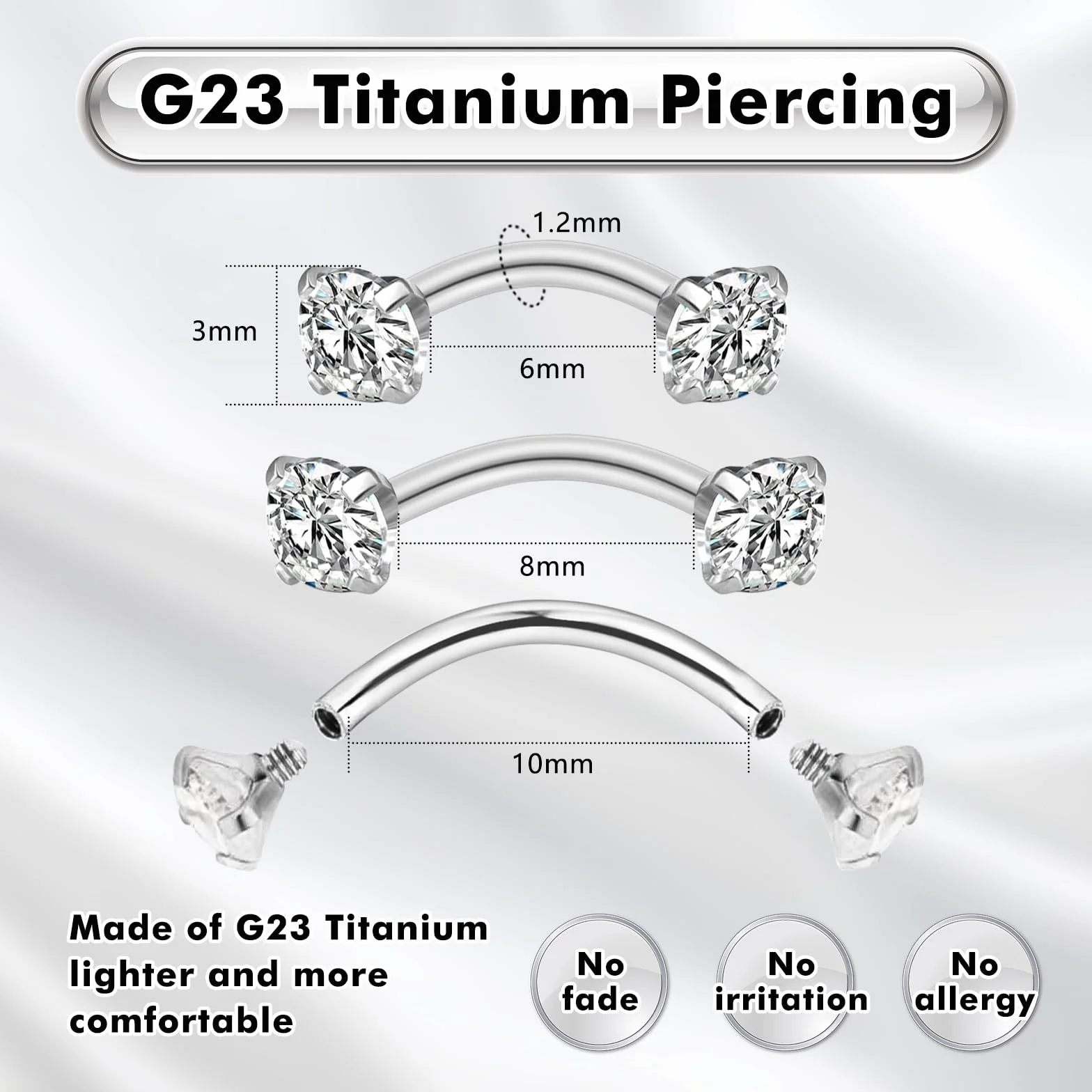 G23 Titan Rook piercing biżuteria banan brwi, barbell, helix, labret, piercing wargi, piercing do ust, do noszenia na co dzień, srebrny, złoty, kula, zakrzywiony sztanga, 6 mm, 8 mm, 10 mm