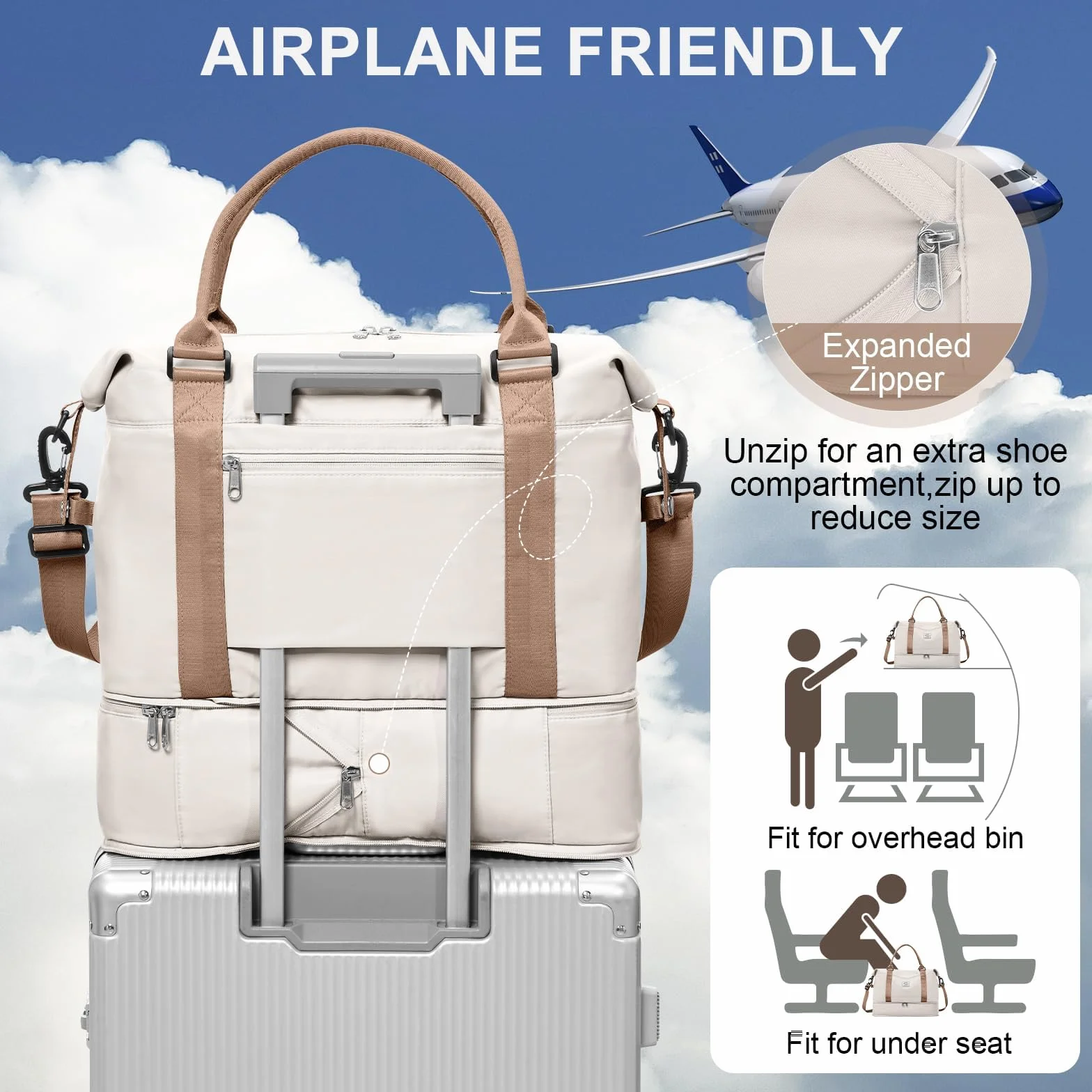 SEAFEW Torba podróżna 40x30x20 dla Ryanair, Rozszerzana Torba podróżna na weekend-bagaż ręczny, Torba sportowo-fitness, torba szpitalna dla mamy, dla kobiet i mężczyzn,A01-Beżowo-brązowy