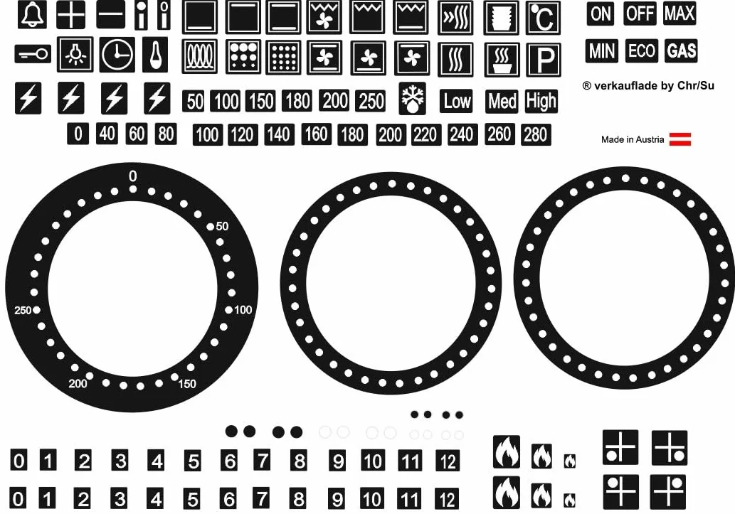 Zestaw naklejek na kuchenkę jako oznaczenie, naklejki z symbolami na kuchenkę elektryczną i kuchenkę gazową (RPM2/4/1) (białe symbole na czarnym tle)