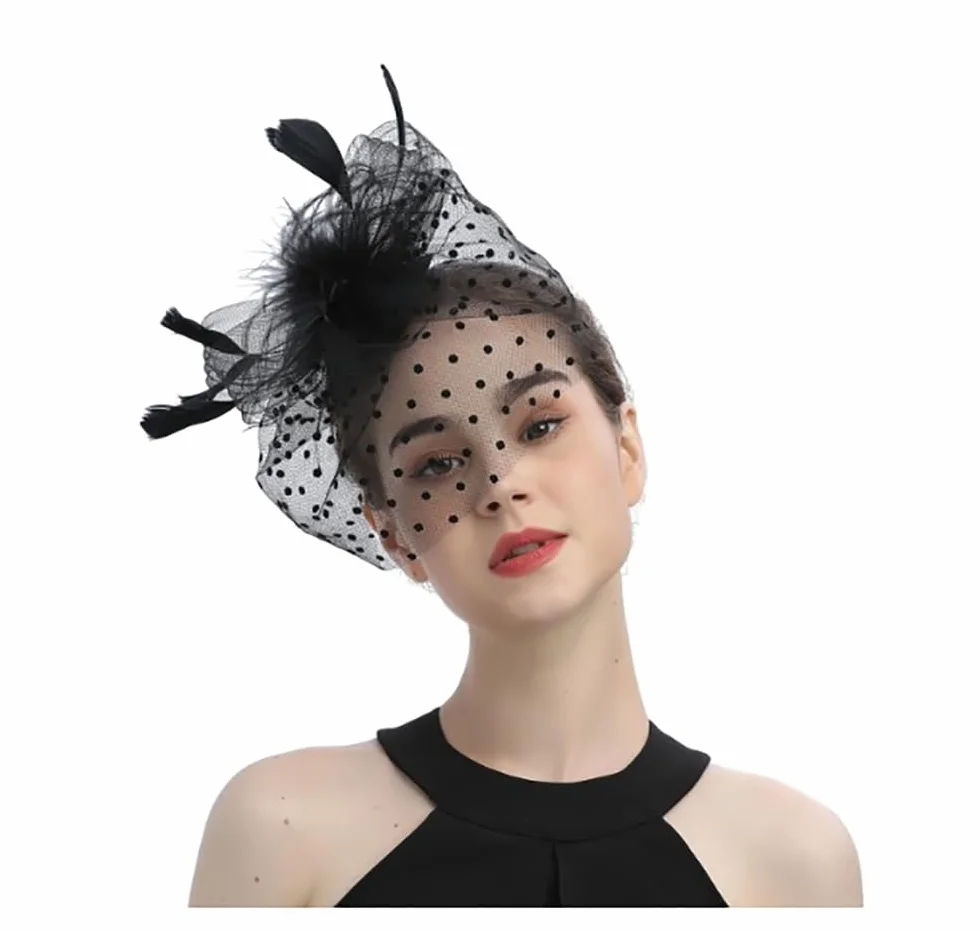 Fascinator Kapelusz, Vintage Sieć Siateczka Opaska na Czoło Kobiety Czarny Filiżanka Sinamay Opaska na Czoło Kościół Ozdoba do Włosów Ślub Welon Ptak Klatka Sieć Twarz na Herbatę Party