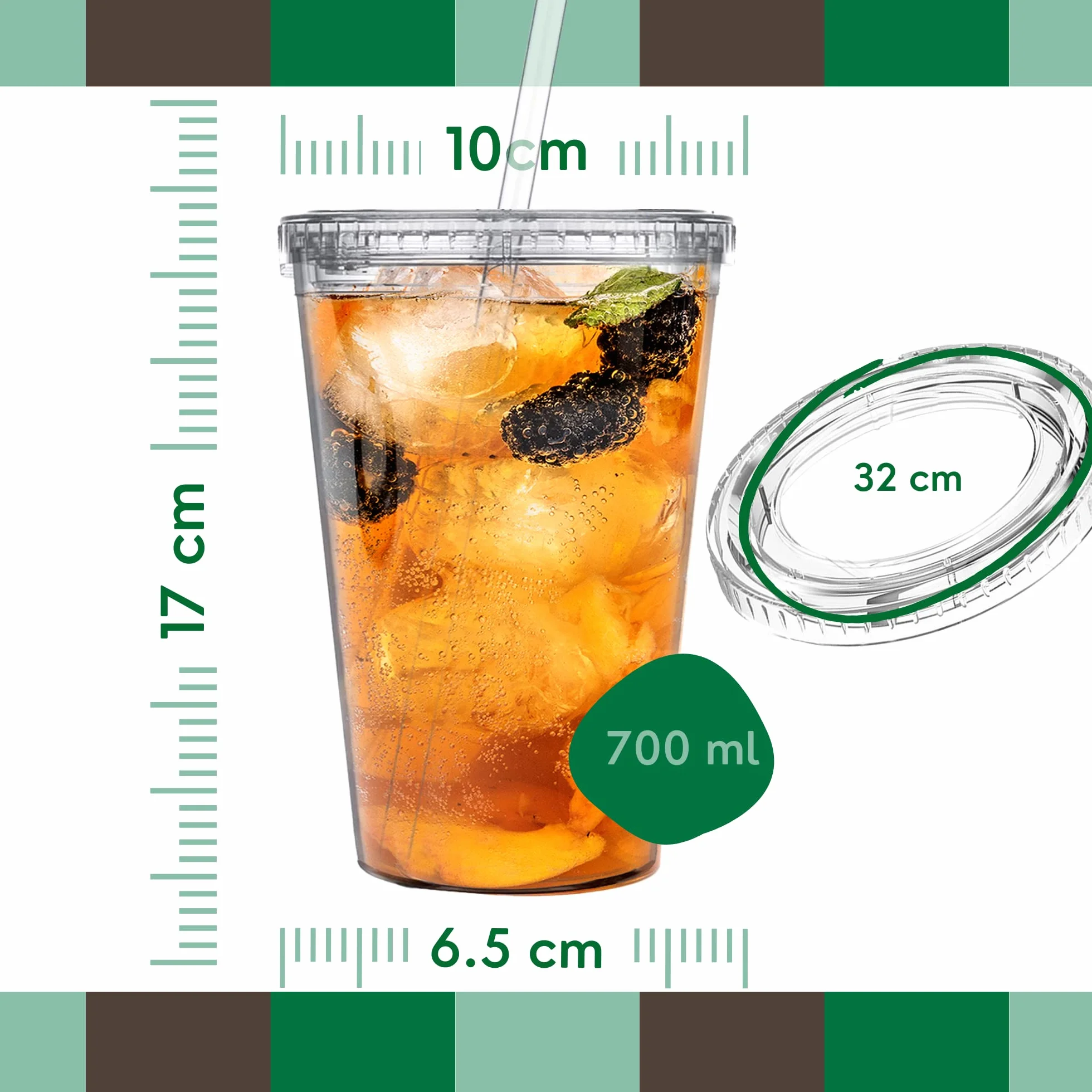 MARFRAND kubki z twardego plastiku z pokrywką i słomką, zestaw 4 sztuk 700 ml przezroczysty