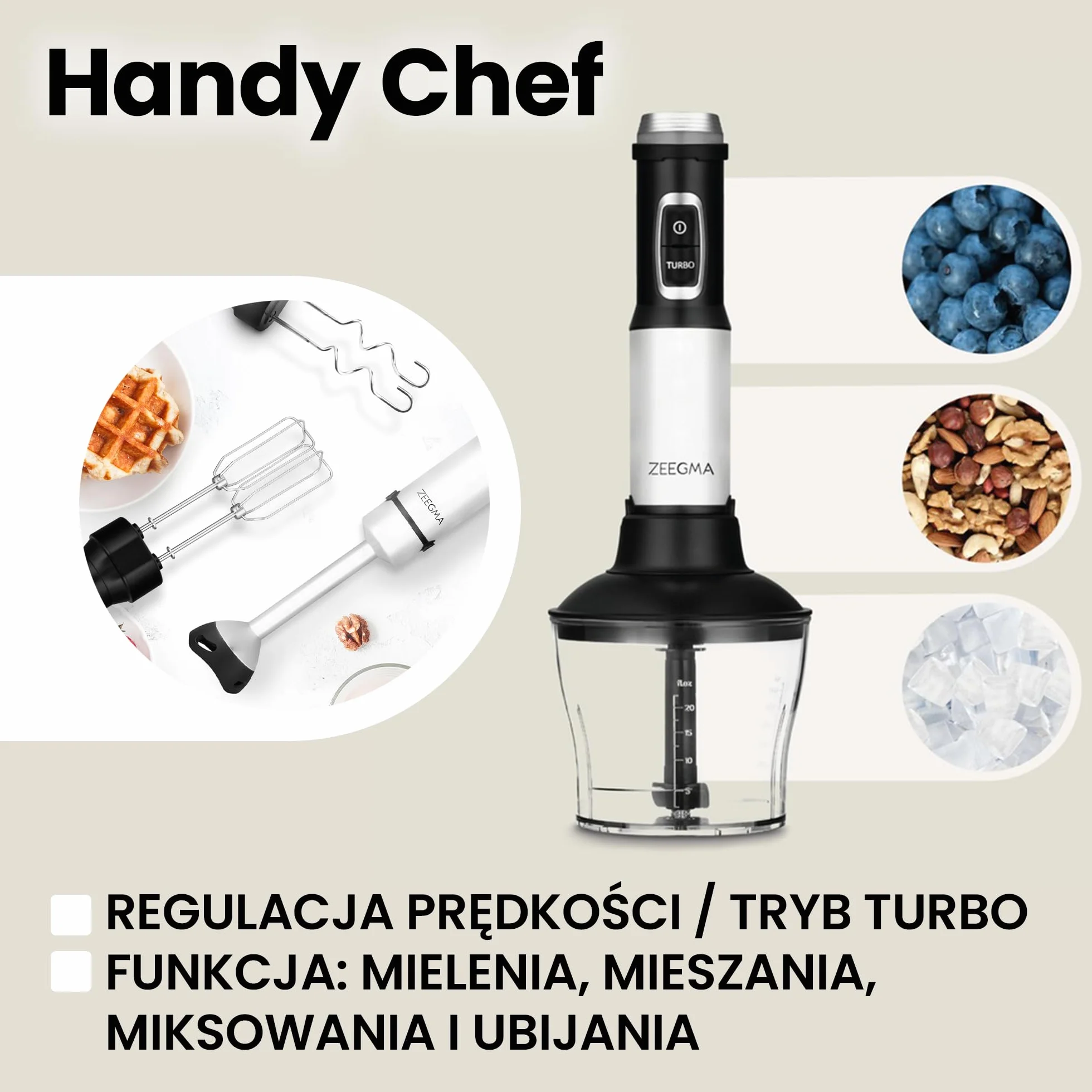 ZEEGMA Handy Chef blender ręczny 5w1 wielofunkcyjny o mocy 1500W, zestaw końcówek: blendująca, miksująca, ubijająca, hak do mieszania, malakser 0,6 l, pojemnik 0,8l, tryb turbo, regulacja prędkości
