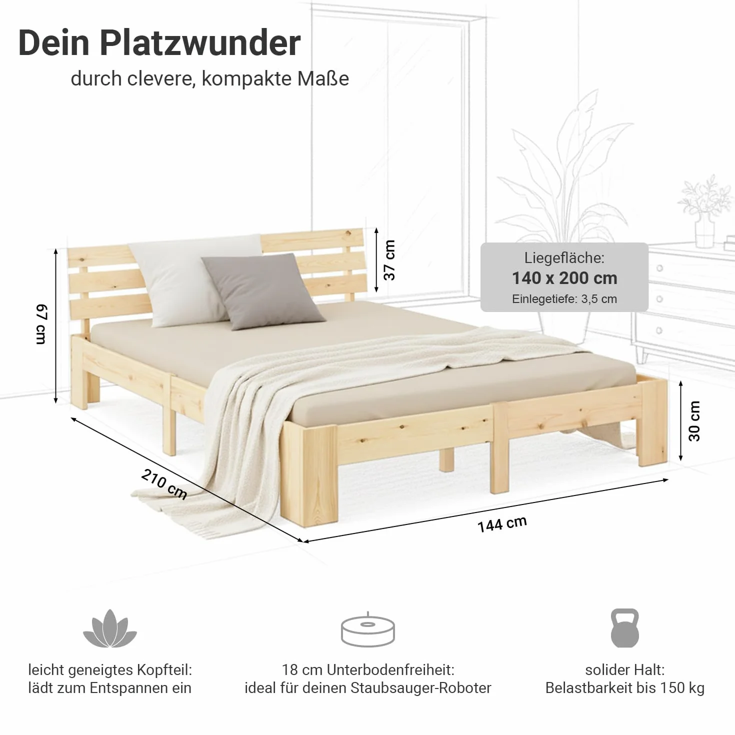 Łóżko drewniane 160x200 cm z drewna sosnowego z stelażem listkowym lite drewno
