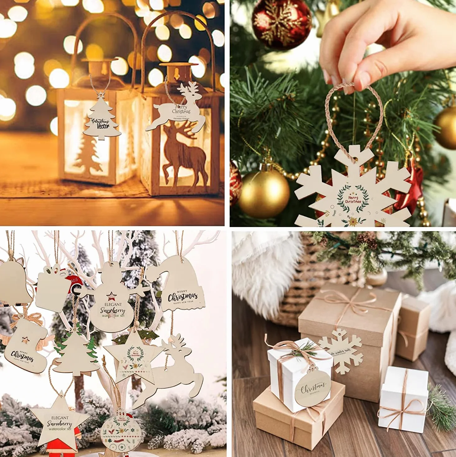 Drewniane zawieszki bożonarodzeniowe w 12 stylach drewnianych płatków śniegu, ozdoby choinkowe z liną jutową, drewniane ozdoby choinkowe do dekoracji i zawieszki choinkowe w drewnianym pudełku (7-9 cm)