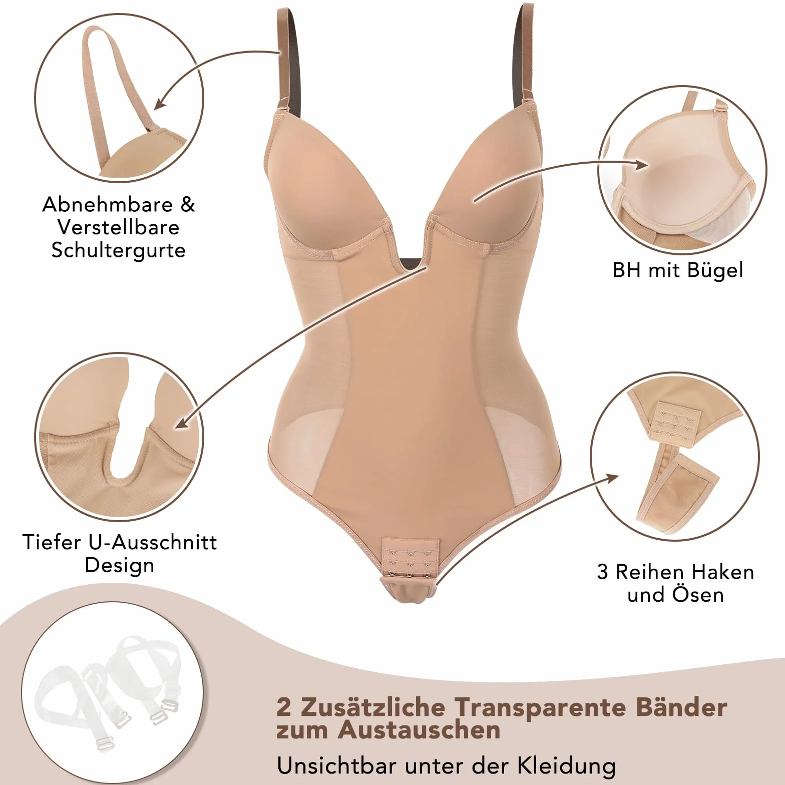 SHAPERIN Damskie body modelujące bez pleców, wyszczuplające brzuch, biustonosz push-up, głęboki dekolt w kształcie litery U