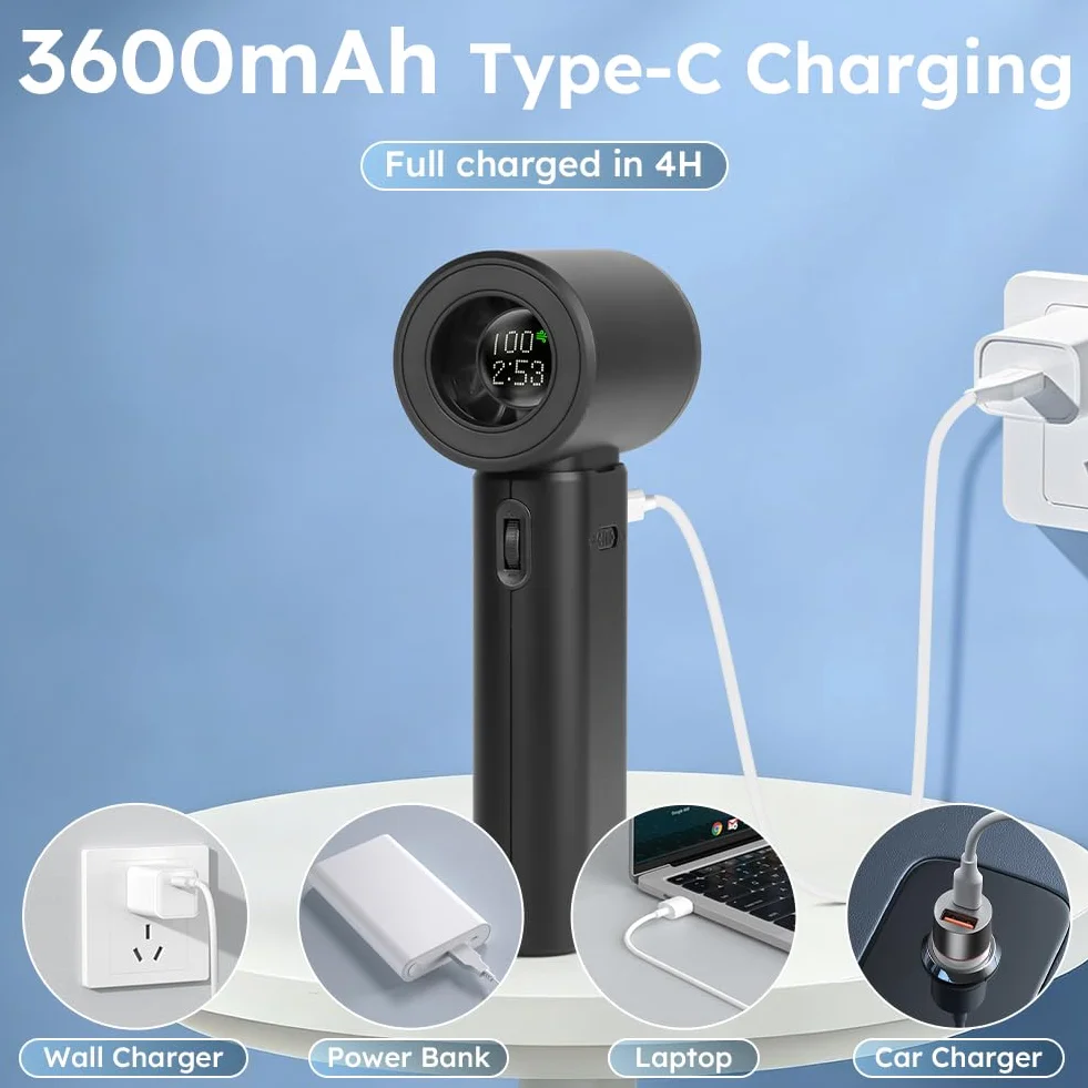 AUAUY Przenośny wentylator ręczny 3600 mAh USB-C regulowana prędkość z wyświetlaczem LED