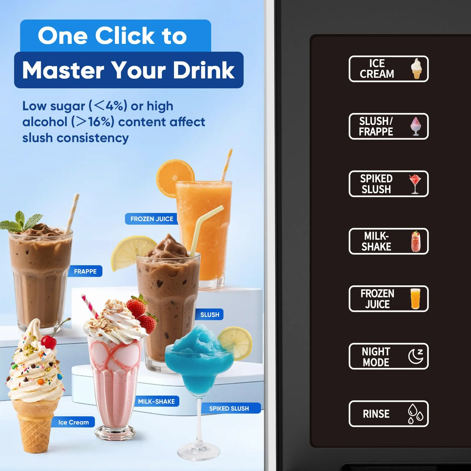 Maszyna do slushie – łatwa obsługa jednym przyciskiem, 2,5 l, nie wymaga lodu, z wyświetlaczem LED, 6 automatycznych programów do margarity, frappé, koktajli mlecznych, prosta obsługa jednym (srebrny)