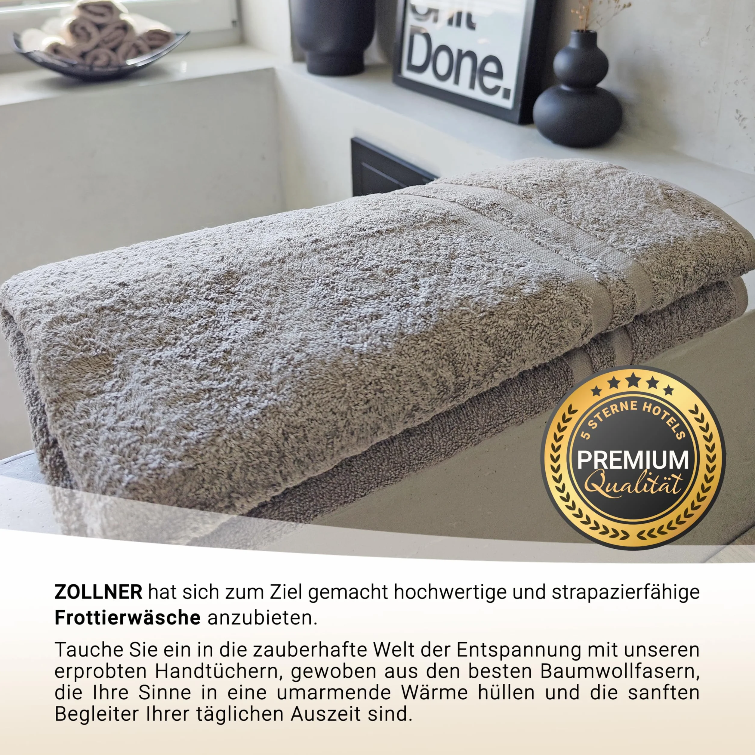 ZOLLNER Zestaw 2 ręczników do sauny o wymiarach 70 x 180 cm – puszyste ręczniki z bawełny – z nowoczesną bordiurą w paski – można prać w temperaturze do 60°C – z praktyczną zawieszką – w kolorze taupe