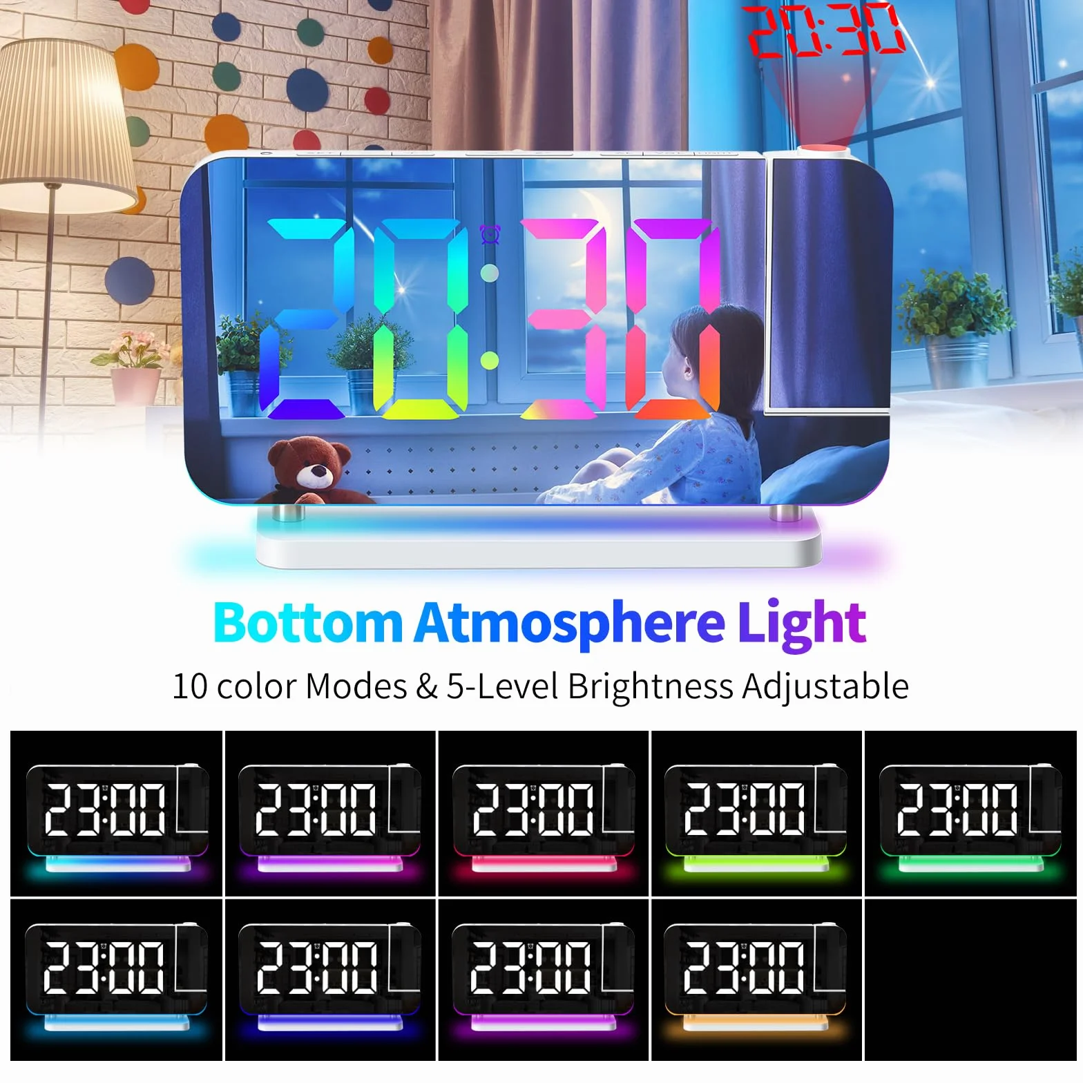 ThreeH Budzik LED RGB z projektorem lustrzany Auto Dimming podwójny port USB lampka nocna