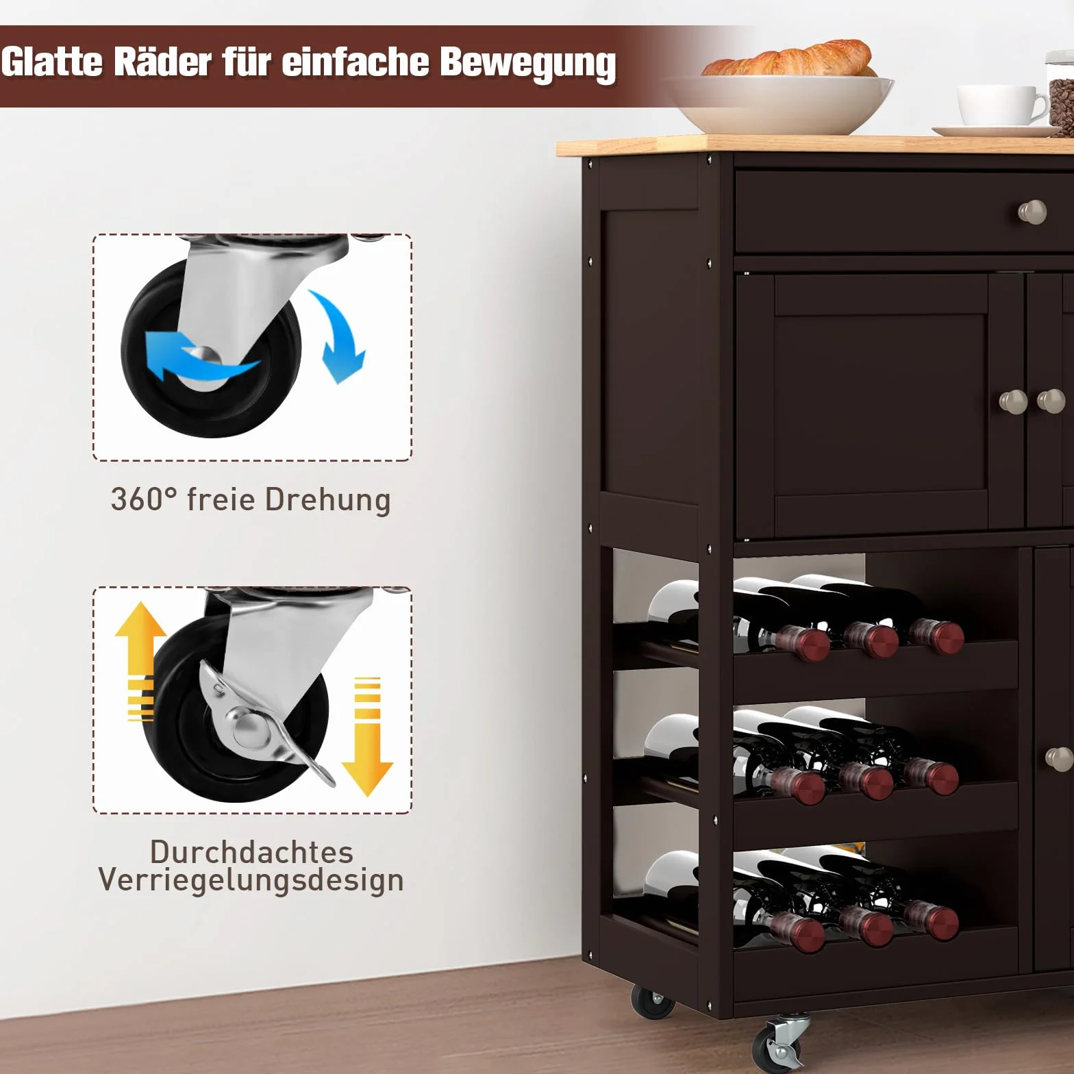 COSTWAY Wózek kuchenny na kółkach, wózek do serwowania z szufladami, 3-poziomowy regał na wino i blat roboczy, wózek kuchenny, szafka kuchenna, wózek na kółkach, wyspa kuchenna, drewno (brązowy)