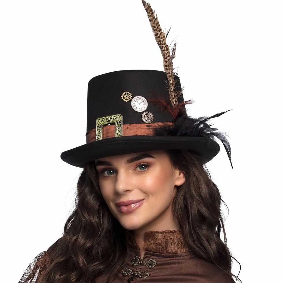 Boland 54501 - Kapelusz Plumepunk z kołami zębatymi, czarny, steampunk, cylinder, nakrycie głowy, akcesoria, kostium, impreza tematyczna, karnawał, Halloween