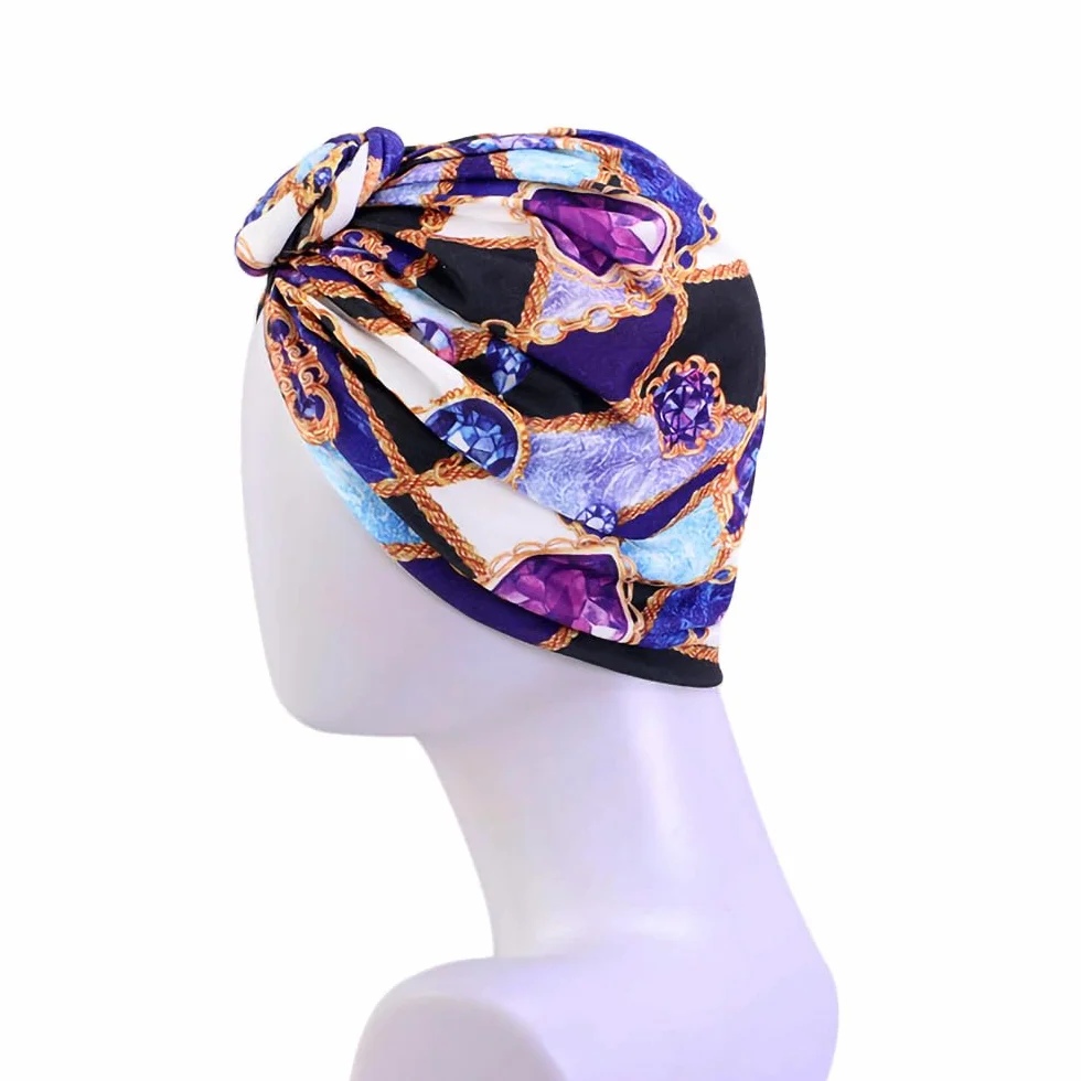 Afrykański turban damski, afrykański wzór, kwiaty, nakrycie głowy, chusta na głowę, czapka z daszkiem, czapka do spania, fioletowa, liliowy, 70