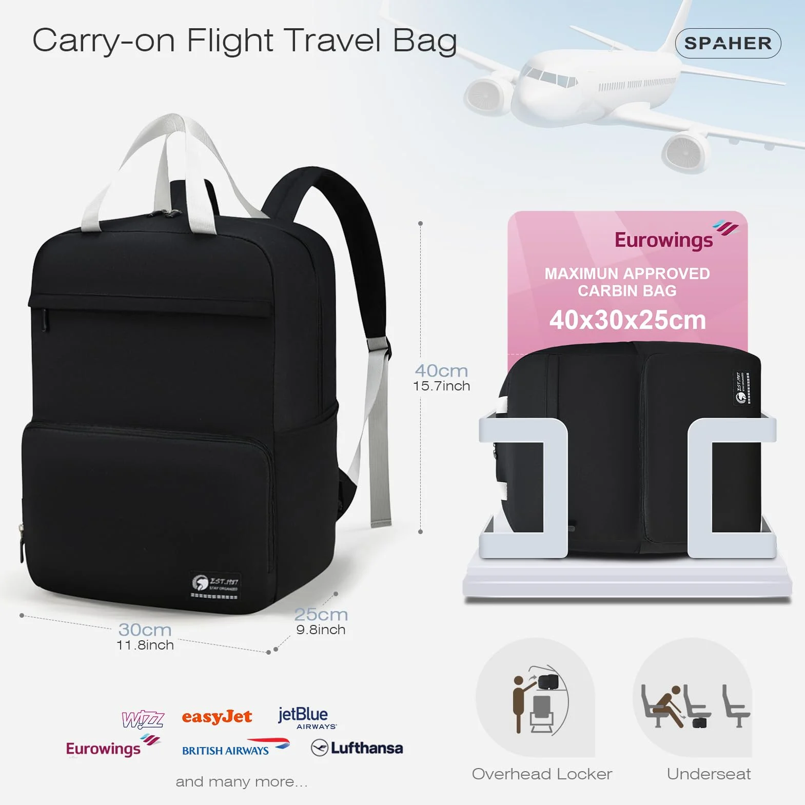 SPAHER Ultralekki Składany Plecak Podróżny 40x30x25cm Eurowings 30L Mały Plecak Kabinowy Samolotem Pod Siedzeniem Plecak Laptopa 14 Calowy dla Uniwersytecki Mężczyzn Kobiety