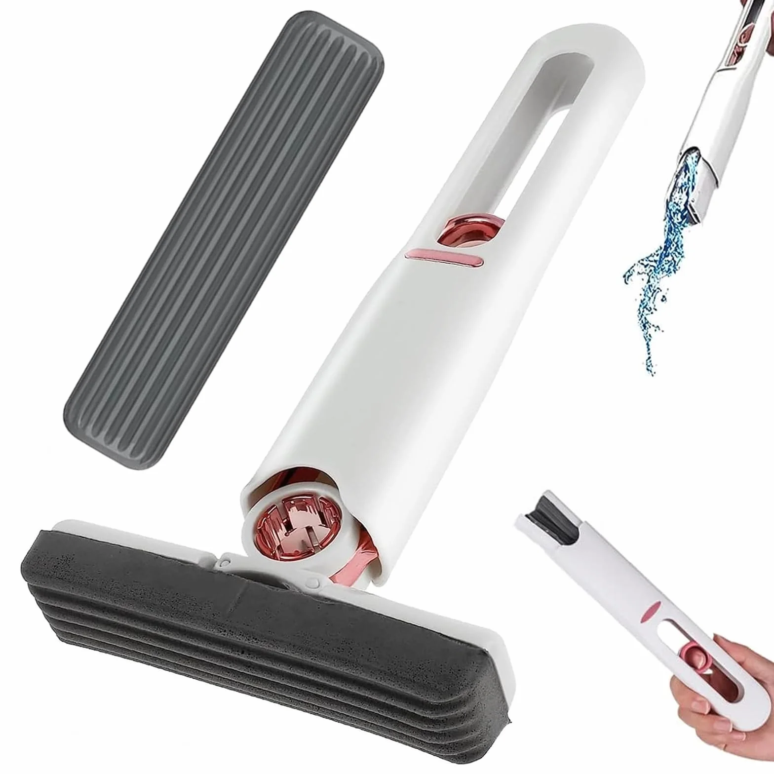 Mini mop, minimop do czyszczenia biurka, z dwiema głowicami z gąbki, mop z funkcją wykręcania, do kuchni, blatu stołu, szczotki, narzędzia do czyszczenia, biały