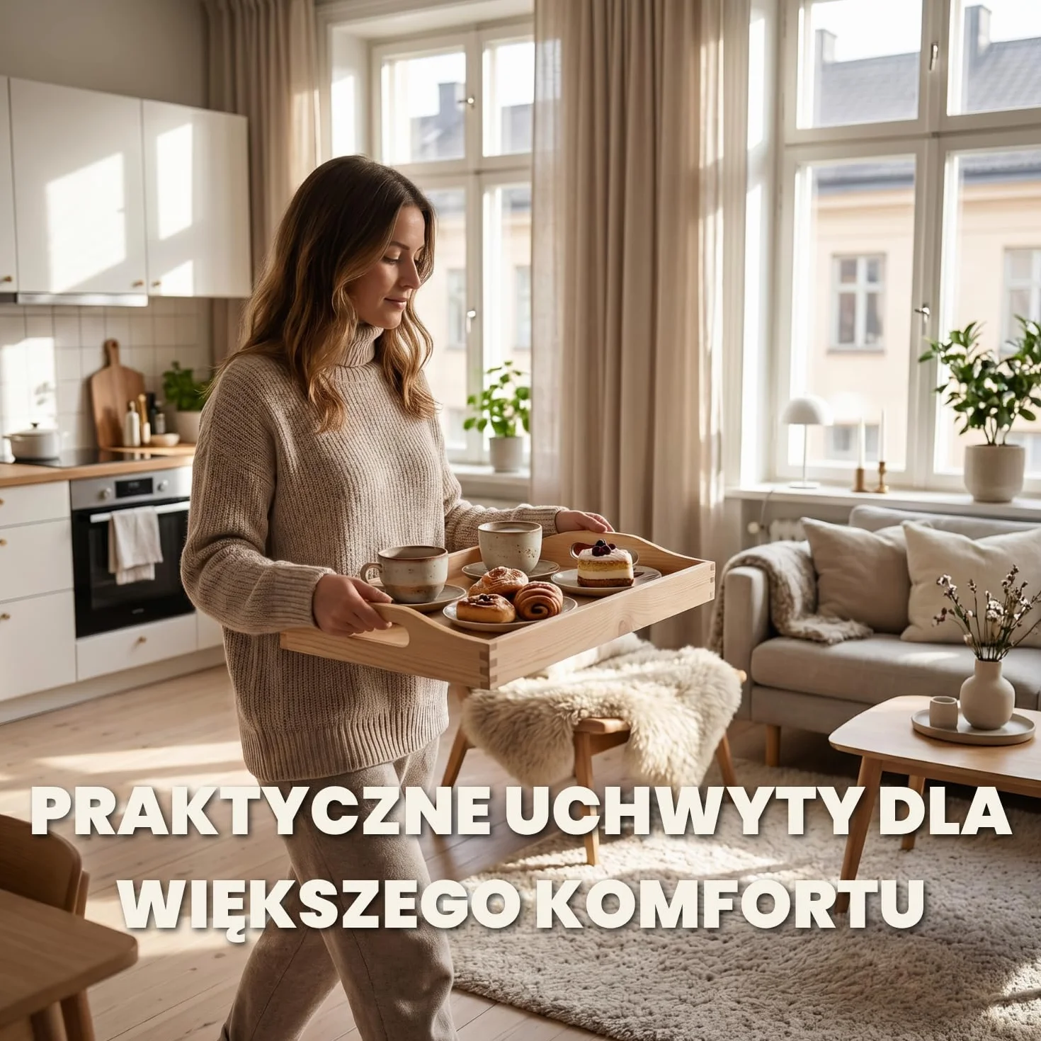 Zestaw drewnianych tac 3 szt. - prostokątne tace do serwowania w 3 rozmiarach z ergonomicznymi uchwytami i podwyższonym rantem, duże tace do kuchni i serwowania