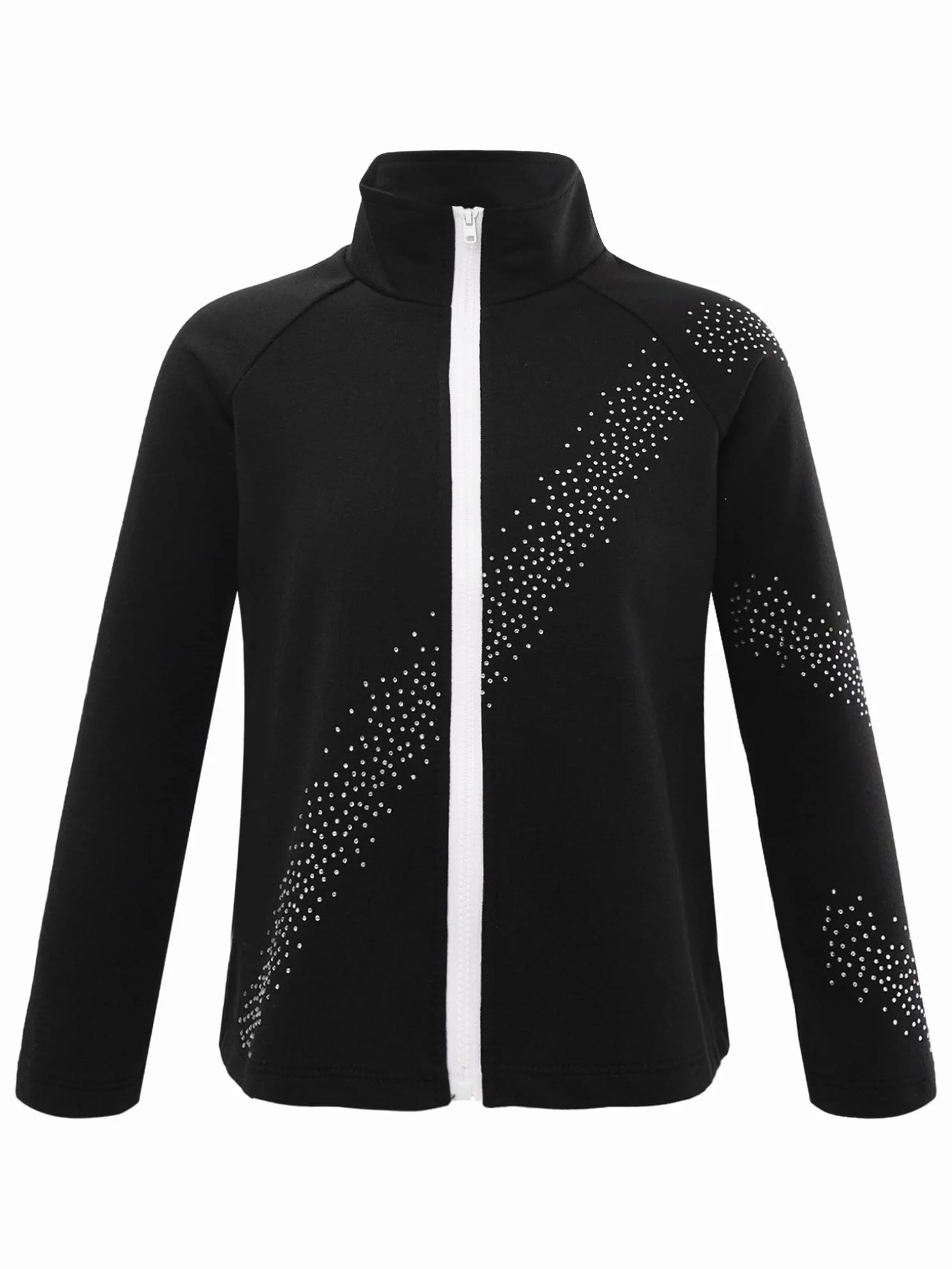 Kaerm Kurtka do jazdy na łyżwach dla dziewcząt, z długim rękawem, dla dzieci, stras, brokat, odzież do tańca, z paskami, patchwork, zamek błyskawiczny, bluza sportowa
