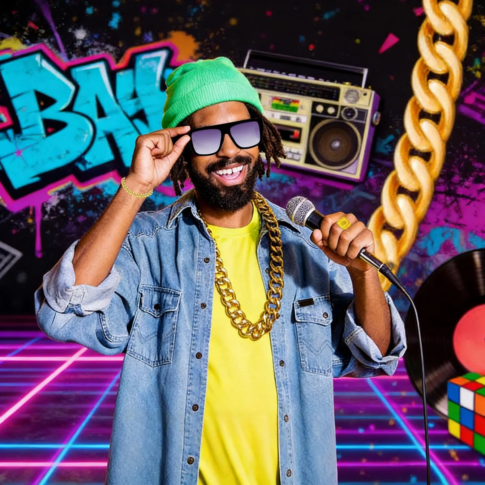 Zestaw 8-częściowy Hip Hop, Przebranie rapera z lat 80., Przebranie rapera z zestawem naszyjników, Złota łańcuch, Naszyjnik z znakiem dolara, Okulary przeciwsłoneczne, na Mardi Gras