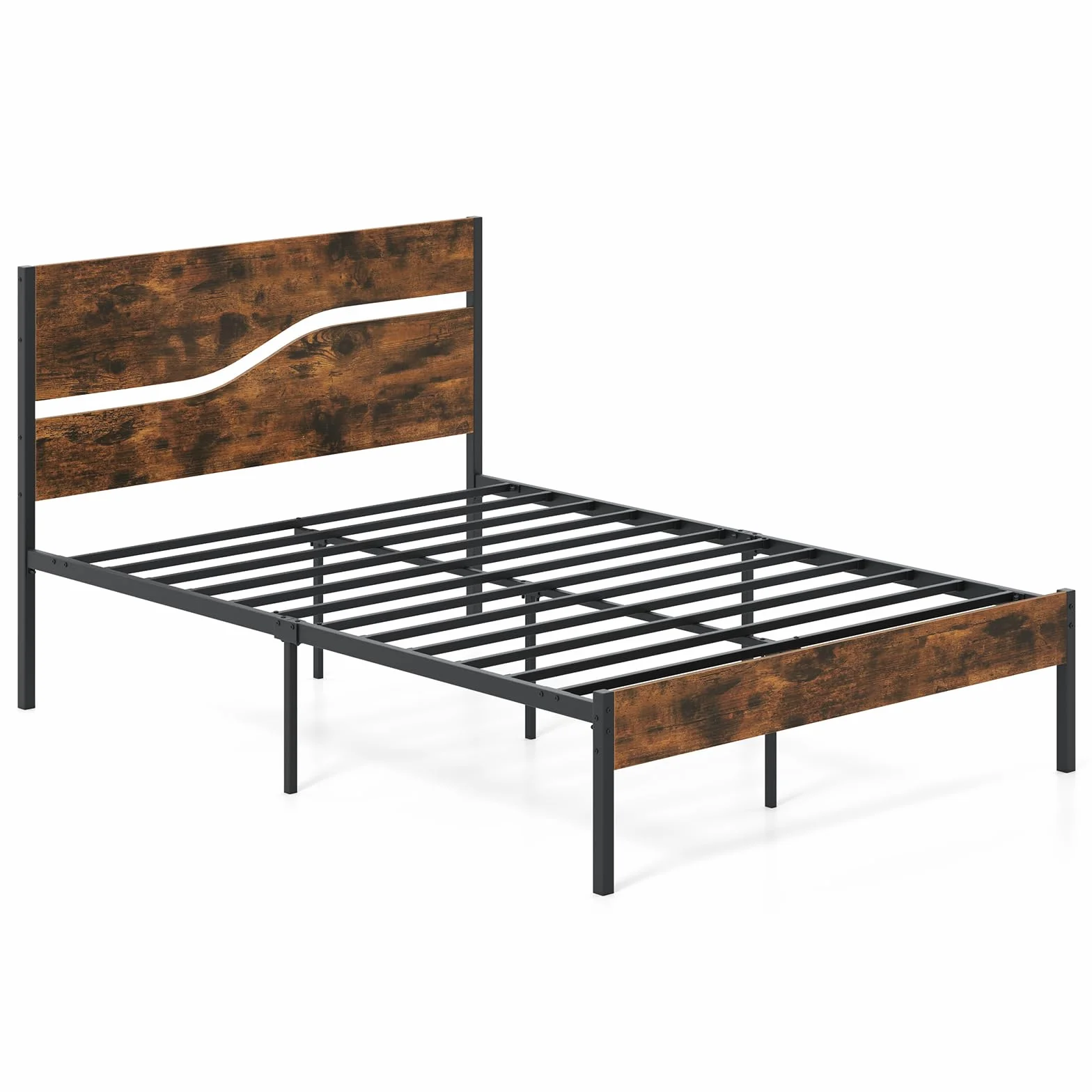 COSTWAY Metalowa rama łóżka 200x140 cm, przemysłowe łóżko platformowe z drewnianym zagłówkiem, stelaż podwójny, rustykalny