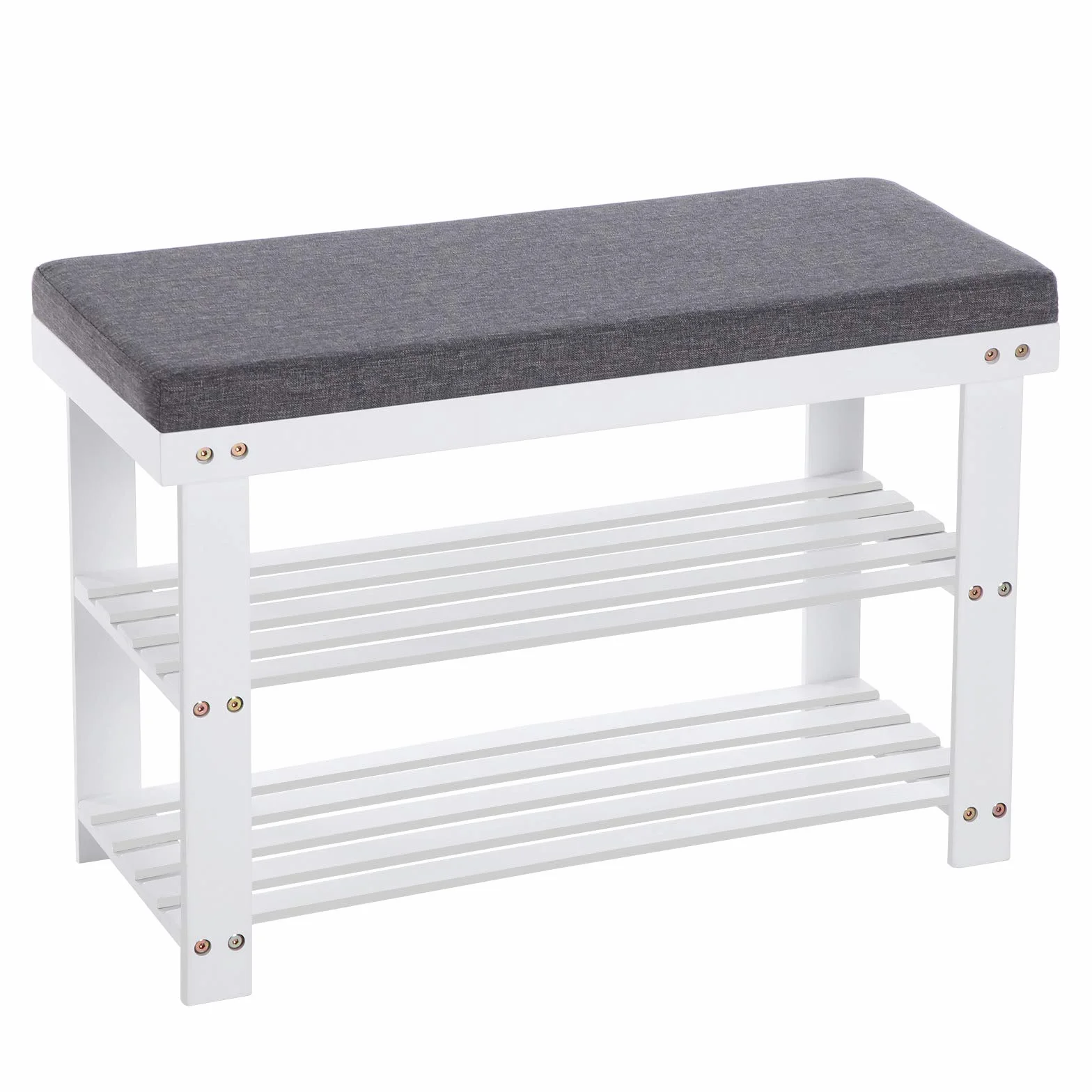 SONGMICS szafka na buty z bambusa 2 półki ławka do siedzenia 150 kg 71x29x49 cm biało-szara LBS604W01