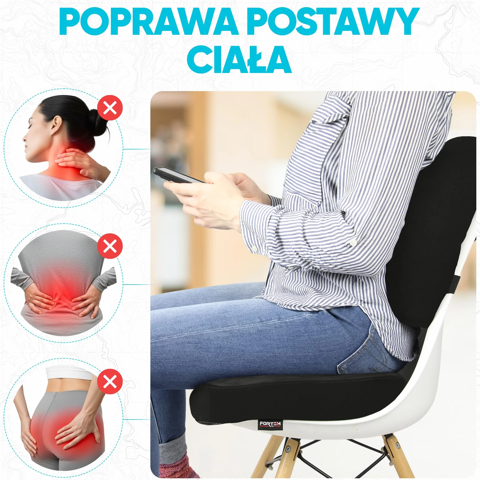FORTEM Poduszka na krzesło biurowe z pianki memory, antypoślizgowe siedzisko i oparcie lędźwiowe