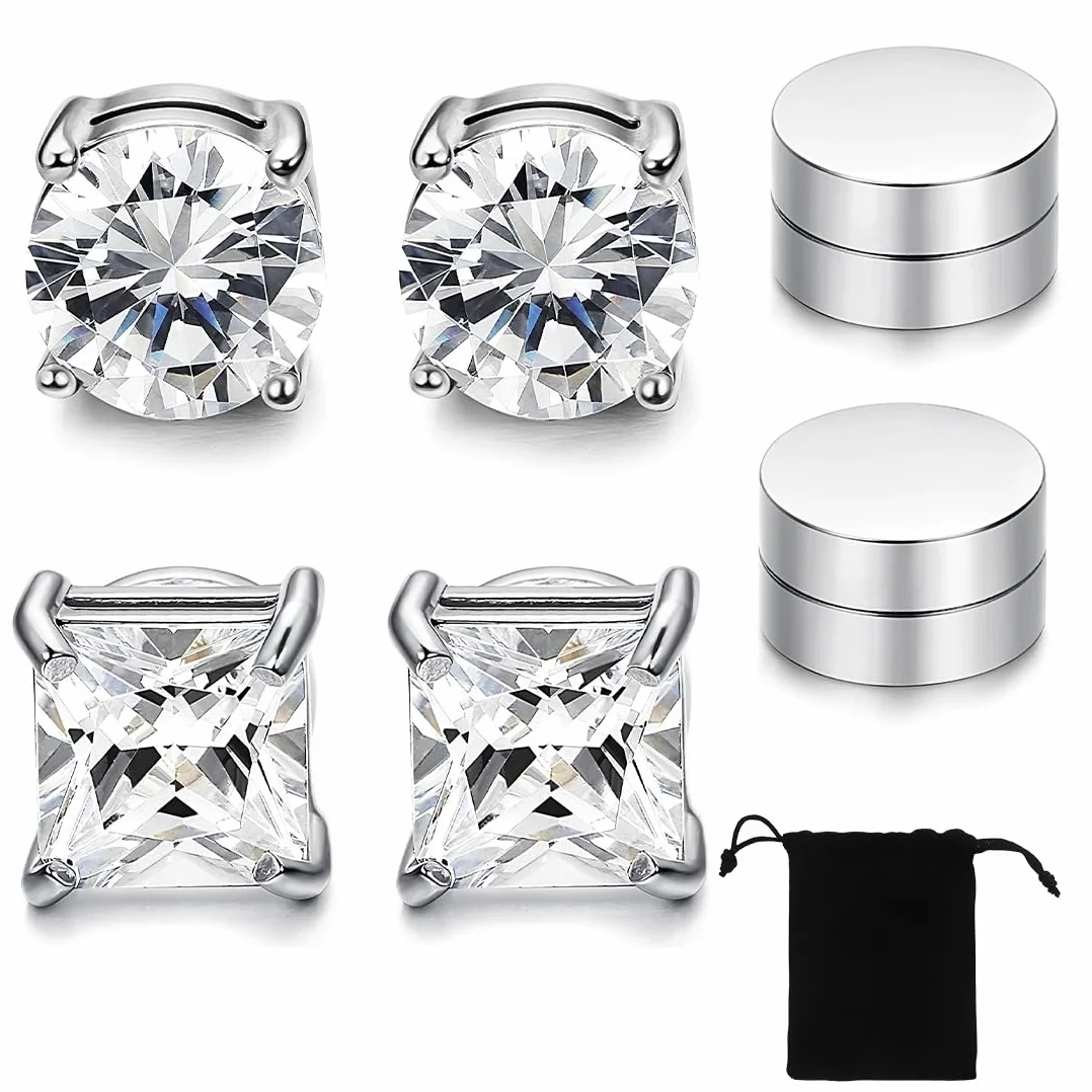 3 pary magnetycznych kolczyków ze stali nierdzewnej dla mężczyzn i kobiet unisex bez przekłuwania fałszywych magnesów zestaw kolczyków, 6/8 mm, srebrny, M, Stal nierdzewna