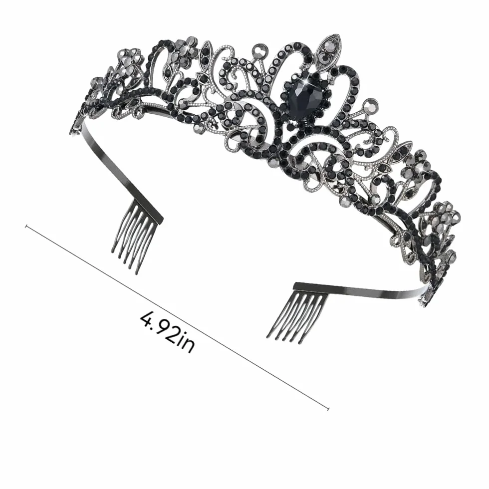 Tiara kryształowa korona z grzebieniem ze strasu, diadem, tiara, wesele, dla panny młodej, na urodziny, wesele, bal absolwentów, imprezy księżniczki (czarna), Routine, Kamień szlachetny, Kryształ