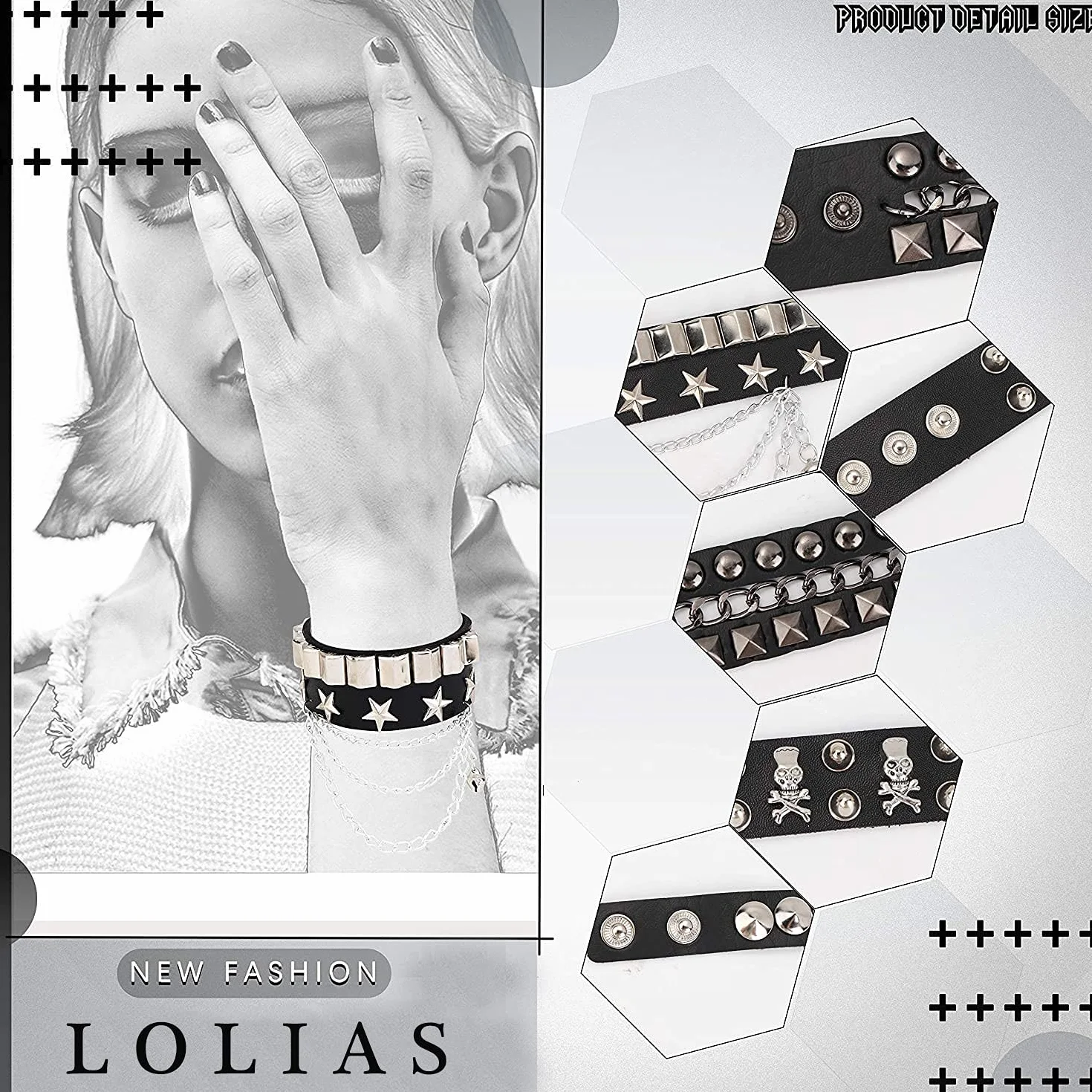LOLIAS 3-5 sztuk PU czarny łańcuszek punkowa skórzana bransoletka z kolcami nitami punkowa bransoletka rockowa zestaw bransoletek dla mężczyzn i kobiet, regulowana bransoletka na Halloween, prezent na