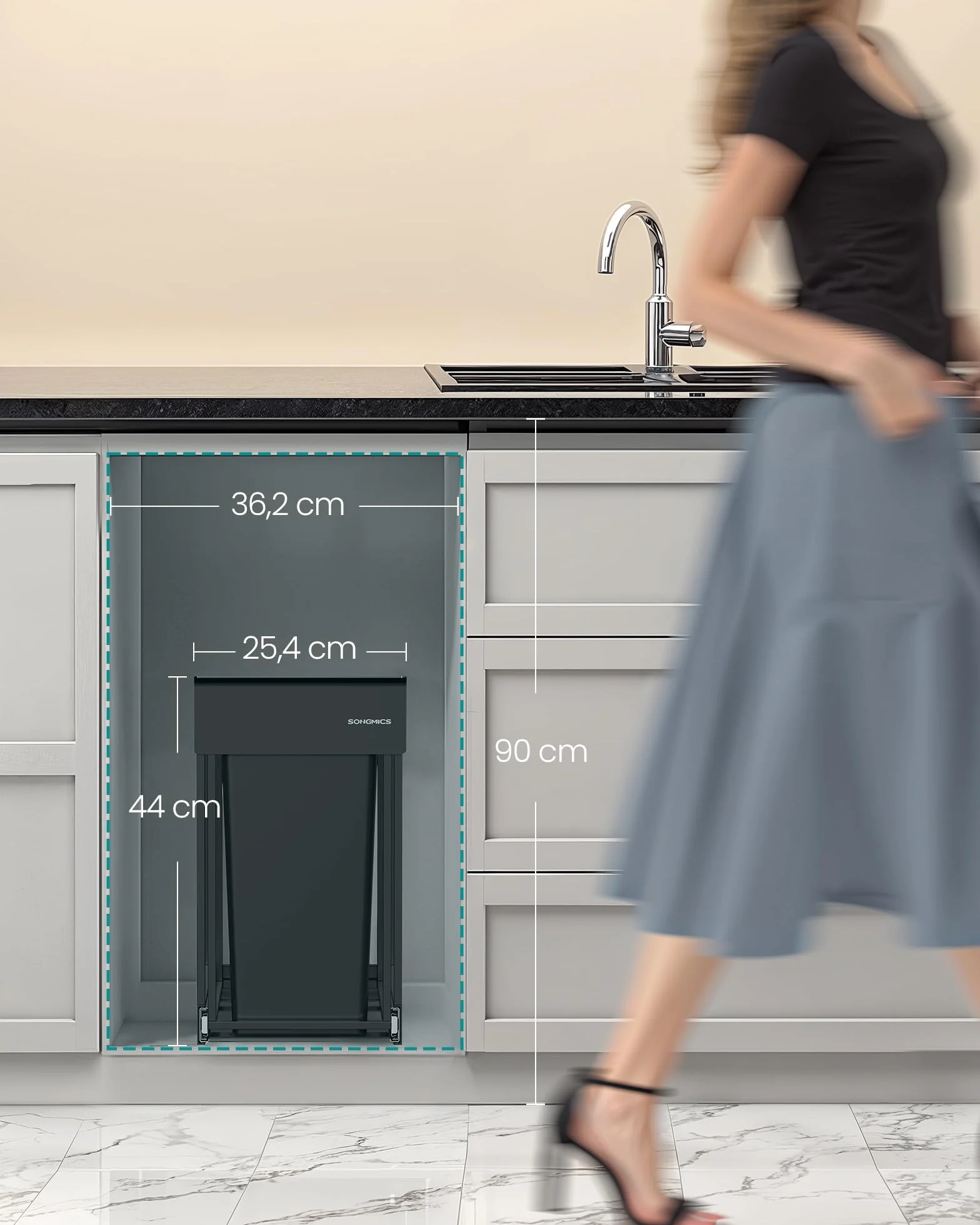 SONGMICS Kosz na odpady kuchenne, system segregacji odpadów pod szafką, 2 x 15 l, 2-komorowy, wysuwany, rama stalowa, pokrywa ABS, kolor czarny atramentowy LTB950B01