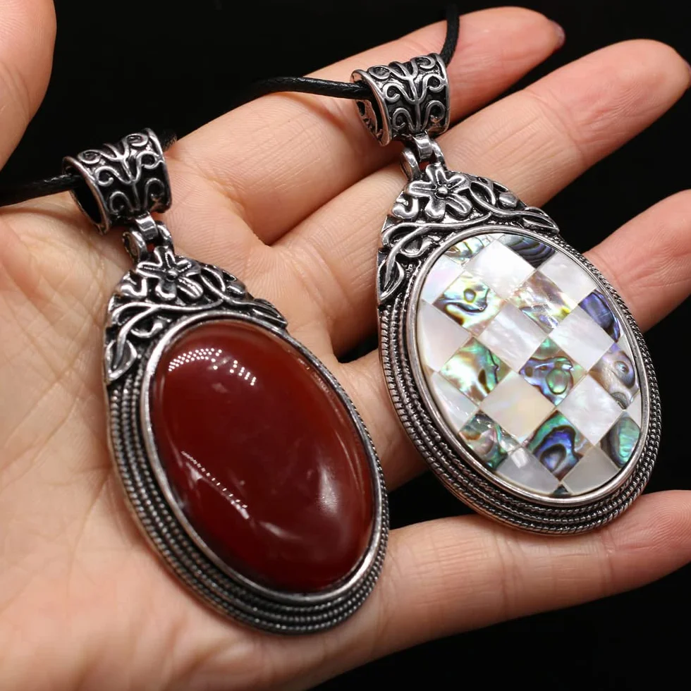 Charms naszyjnik z muszli Abalone naturalny klejnot kamień różany różowy wisiorek kwarcowy etniczne szykowne naszyjniki dla kobiet biżuteria (Size : 55cm, Color : Black Agate)