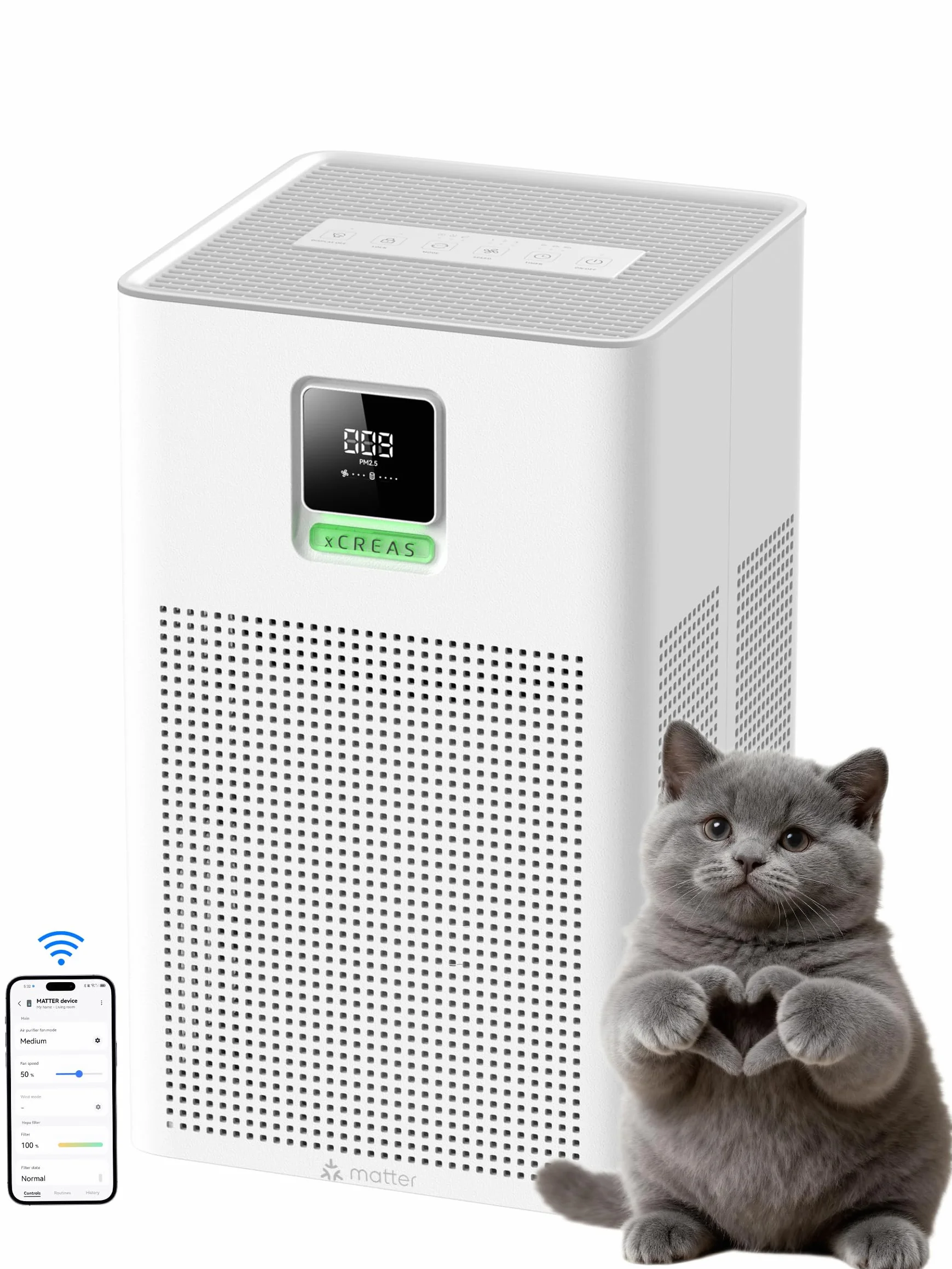 Oczyszczacz powietrza z kompatybilnością Matter, kompatybilny z Apple Home, Alexa, Google Home, Home Assistant, filtr HEPA H13, ścieralny filtr wstępny, funkcja aromaterapii, tryb