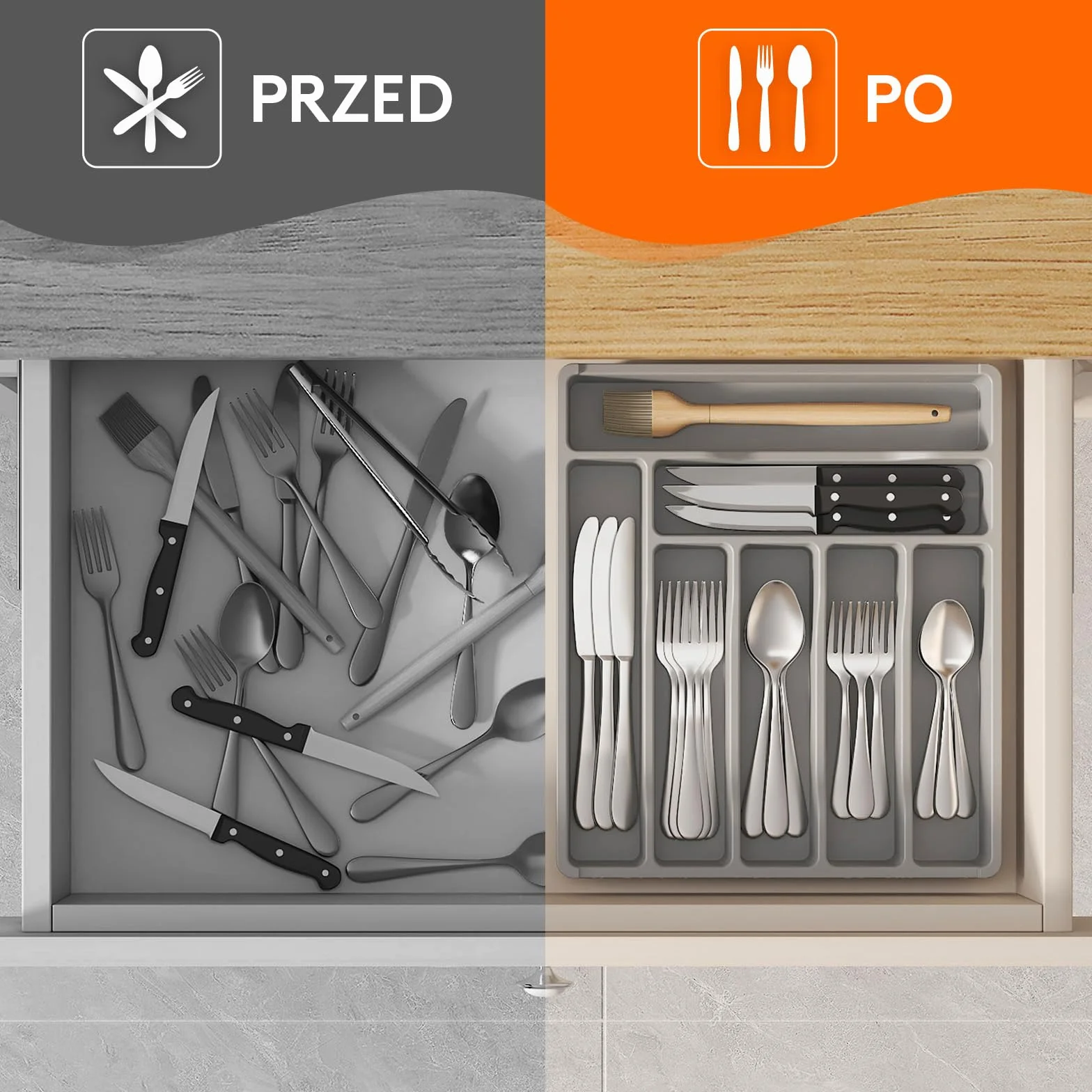 Organizer do szuflady na sztućce Lifewit, Plastikowa taca na sztućce do szuflady kuchennej, Uchwyt, Przegródka na Łyżki, Widelce, Noże, Zastawa stołowa, 7 przegródek, Szary