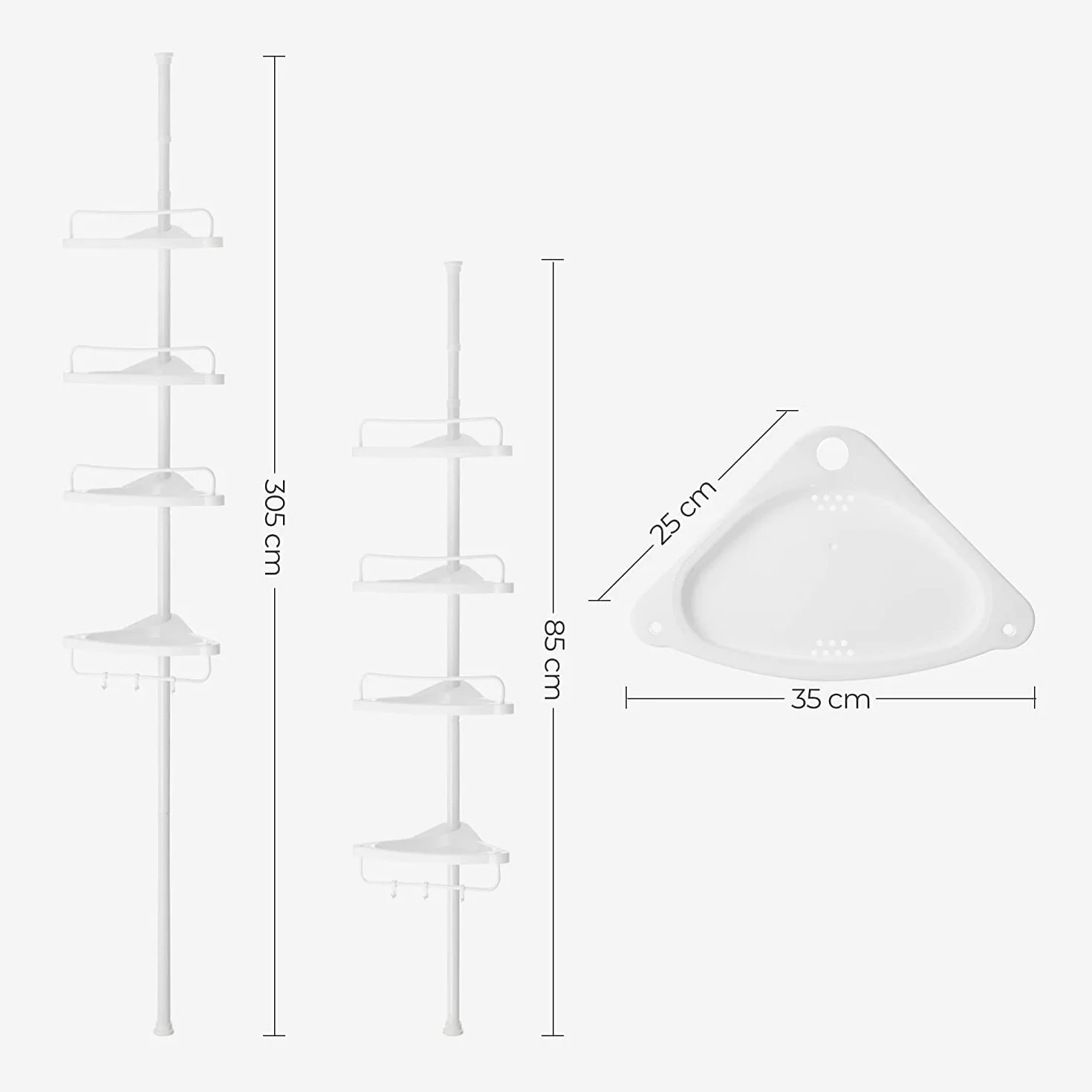 SONGMICS Półka pod prysznic, 85-305 cm regulowana wysokość, półka łazienkowa z 4 półkami, narożnik prysznicowy, bez wiercenia, biała BCB001A